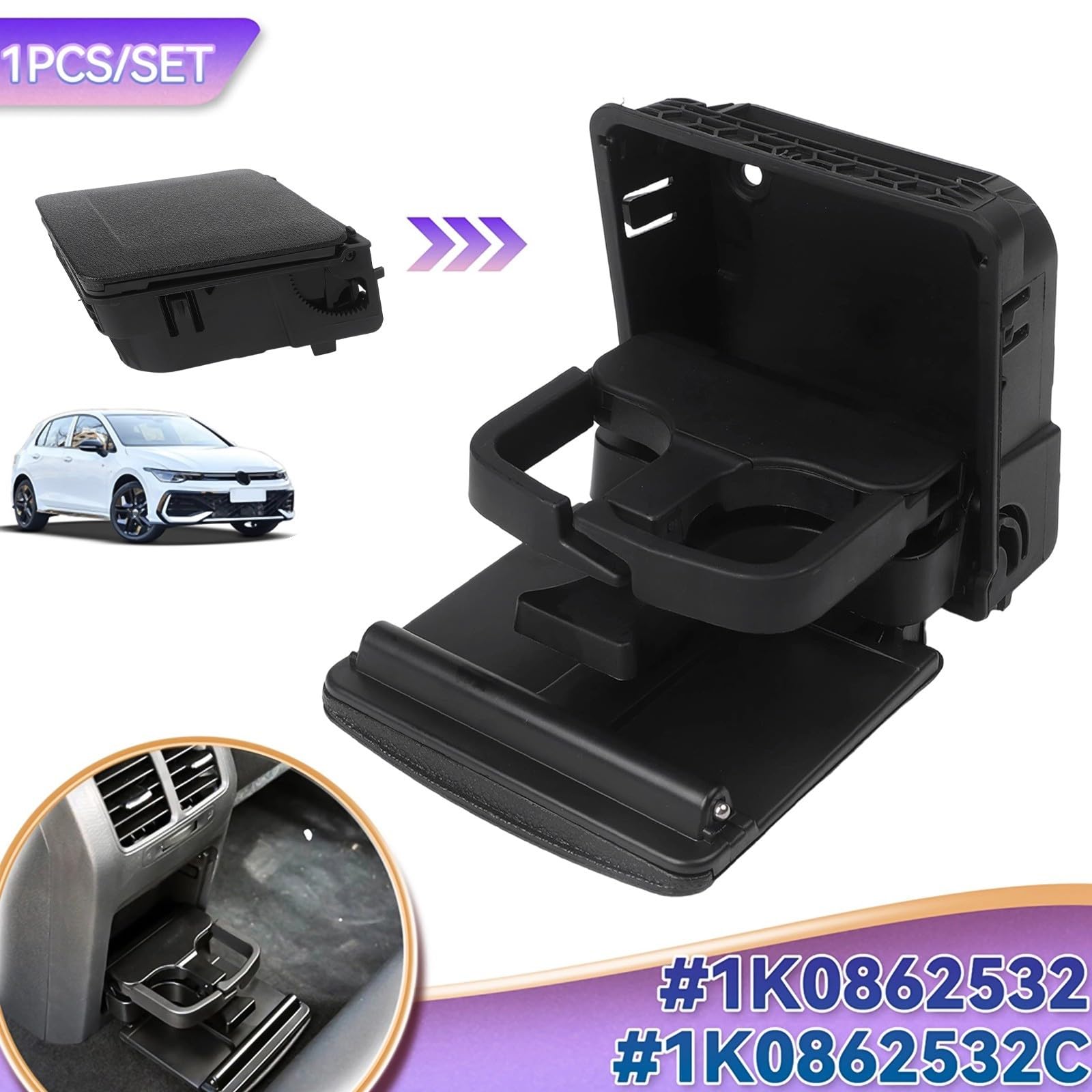 HpLive 1K0862532F - Supporto per bicchieri, per sedile posteriore Golf 5 6 R32, doppio supporto