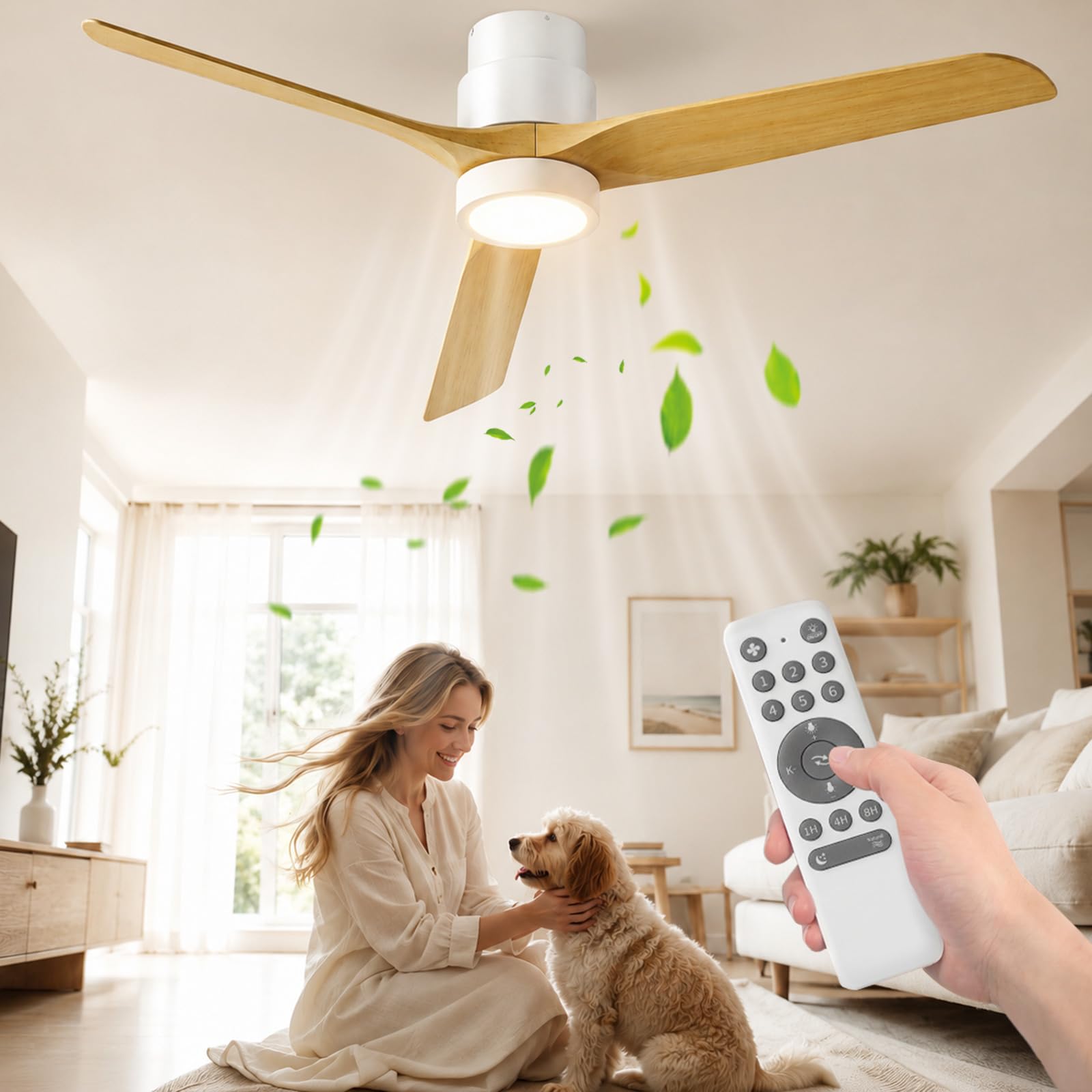 Ateroll 132 cm Deckenventilator mit Beleuchtung und Fernbedienung, DC-Motor, 6 Geschwindigkeiten, Timer, dimmbares LED, Sommer-Winterbetrieb