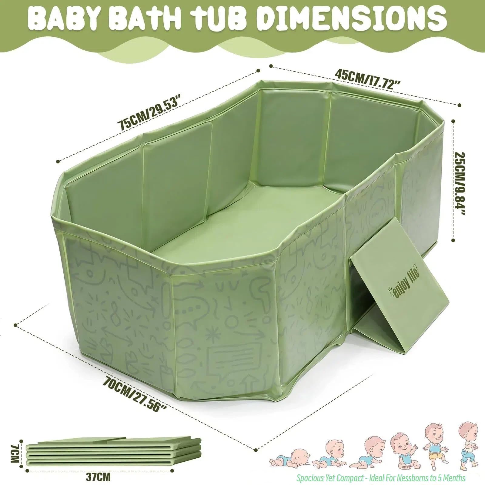 Vasca da bagno pieghevole per neonati e bambini, con tappo di scarico, 75 × 45 cm, design antiscivolo, in plastica senza BPA, colore: verde menta