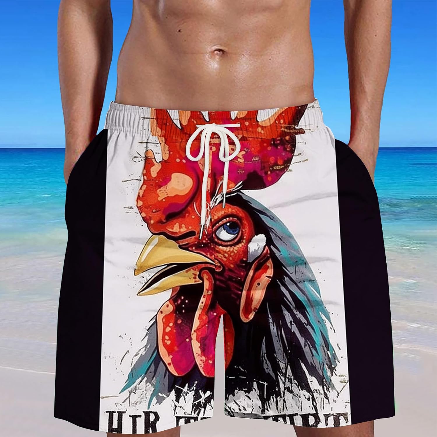 Mens Rooster Print Board Shorts - Funny Animal Design Swim Trunks with Pockets, Elastic Waist Casual Short for Beach