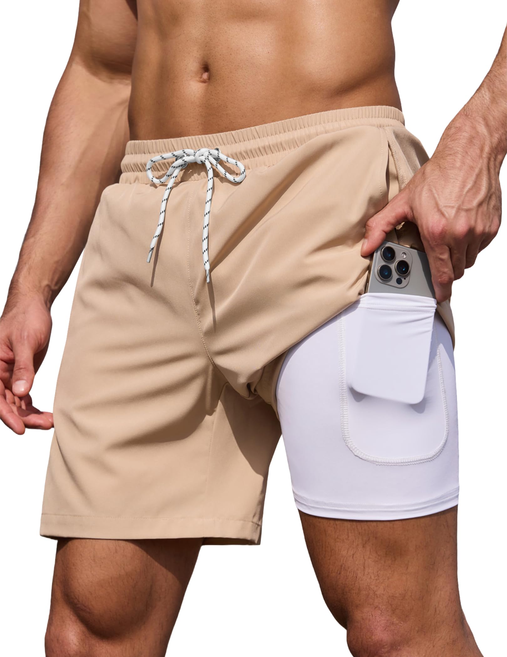 Men's 7" Swim Trunks with Compression Liner Stretch Swimming Shorts with Zipper Pockets