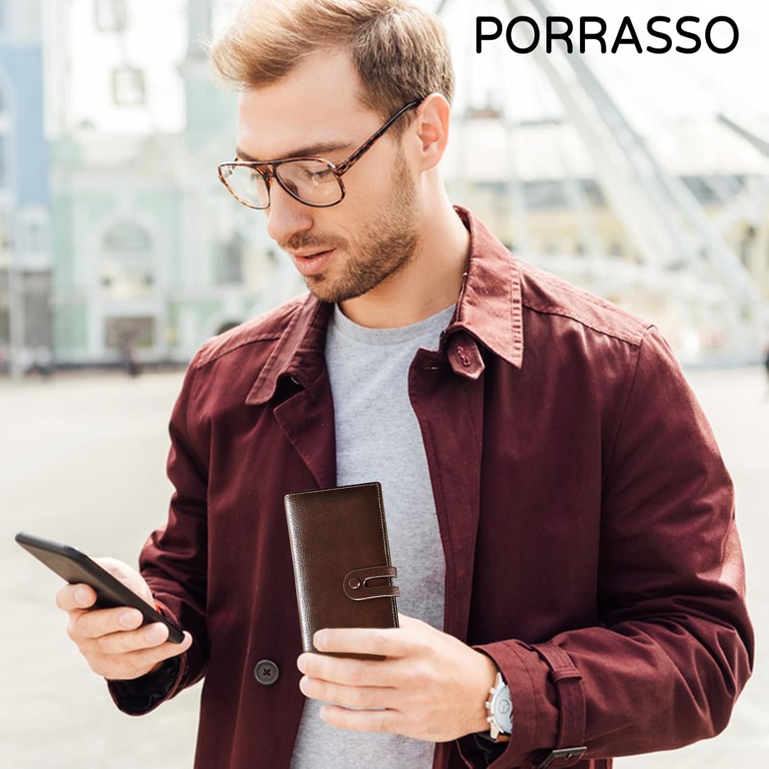 PORRASSO Wallet Men's RFID Blocking Wallet Genuine Leather Card Holder Long Wallet with 12 Card Slots Coffee