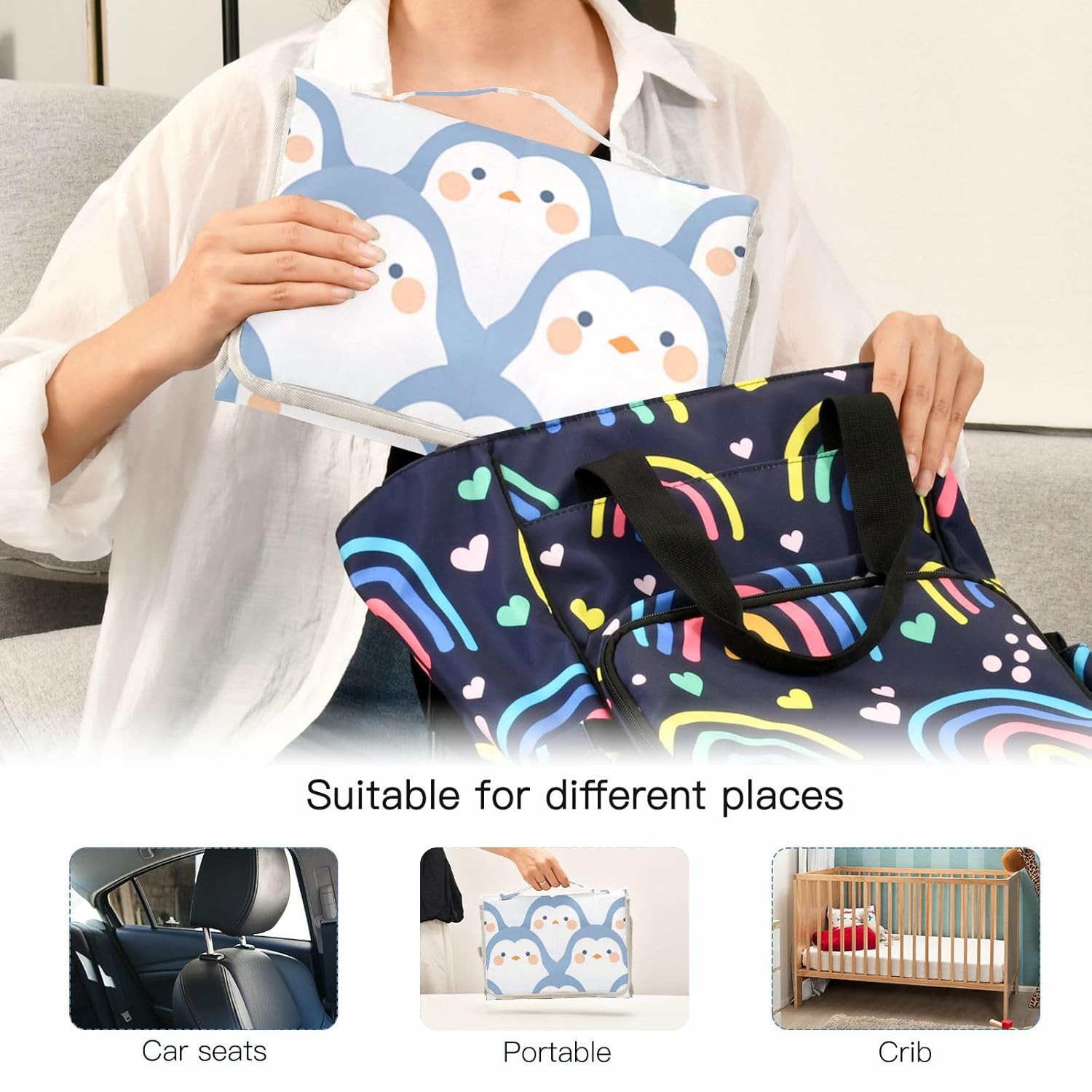 Delicate Cartoon Penguin Light Blue Reusable Washable Changing pad with Tissue Pocket Portable Diaper Changing pad for Girl & Boy cambiadores de pa?ales para Bebes