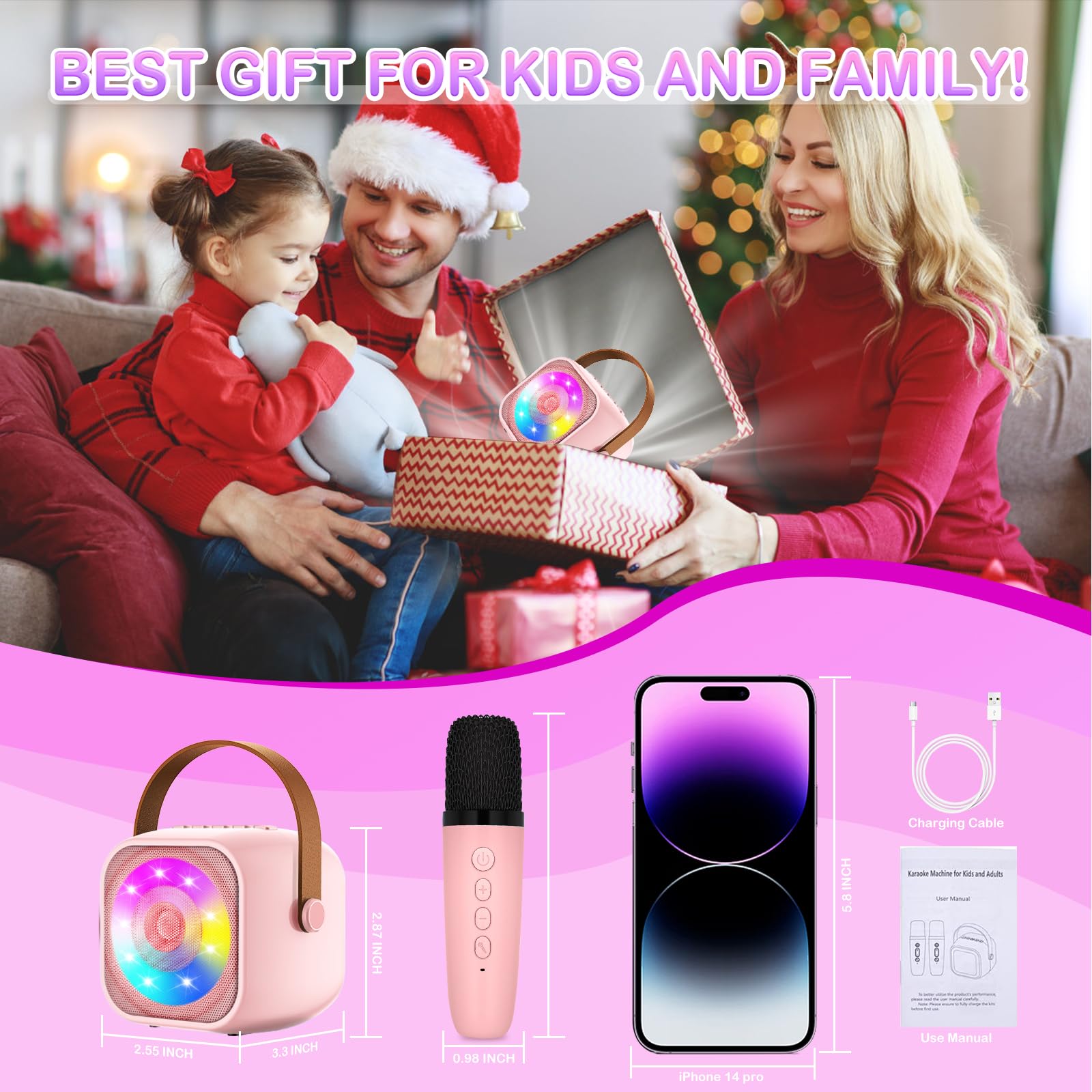 Karaoke per Bambini con 2 Microfoni Wireless, Luce LED, Effetti Cambio Voce, Portatile