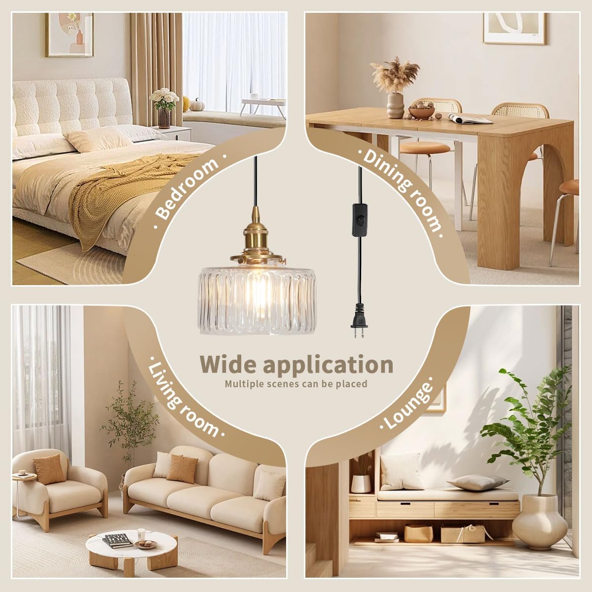 Modern Plug in Pendant Light - Clear Glass Shade, Industrial Hanging Lamp Plug in Cord Hanging Lights Gold Plug in Pendant Lights for Ceiling Mid Century Light Fixture Living Room