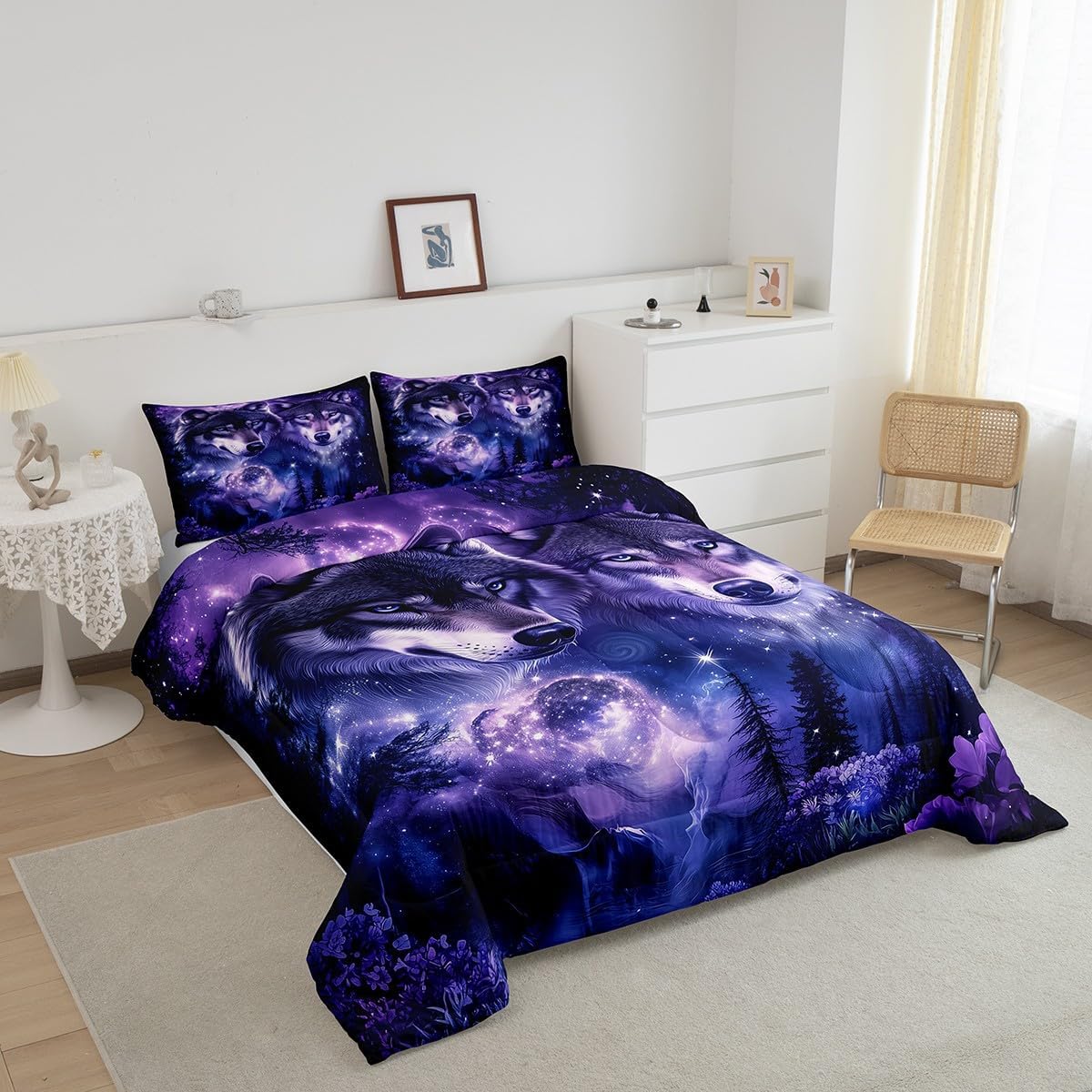 jejeloiu Wolf Comforter Set, Woodland Tree Flowers Bedding Set Full Size,Kids Boys Girls Outer Space Galaxy Bedroom Home Decor,Safari Animal Pattern All Season