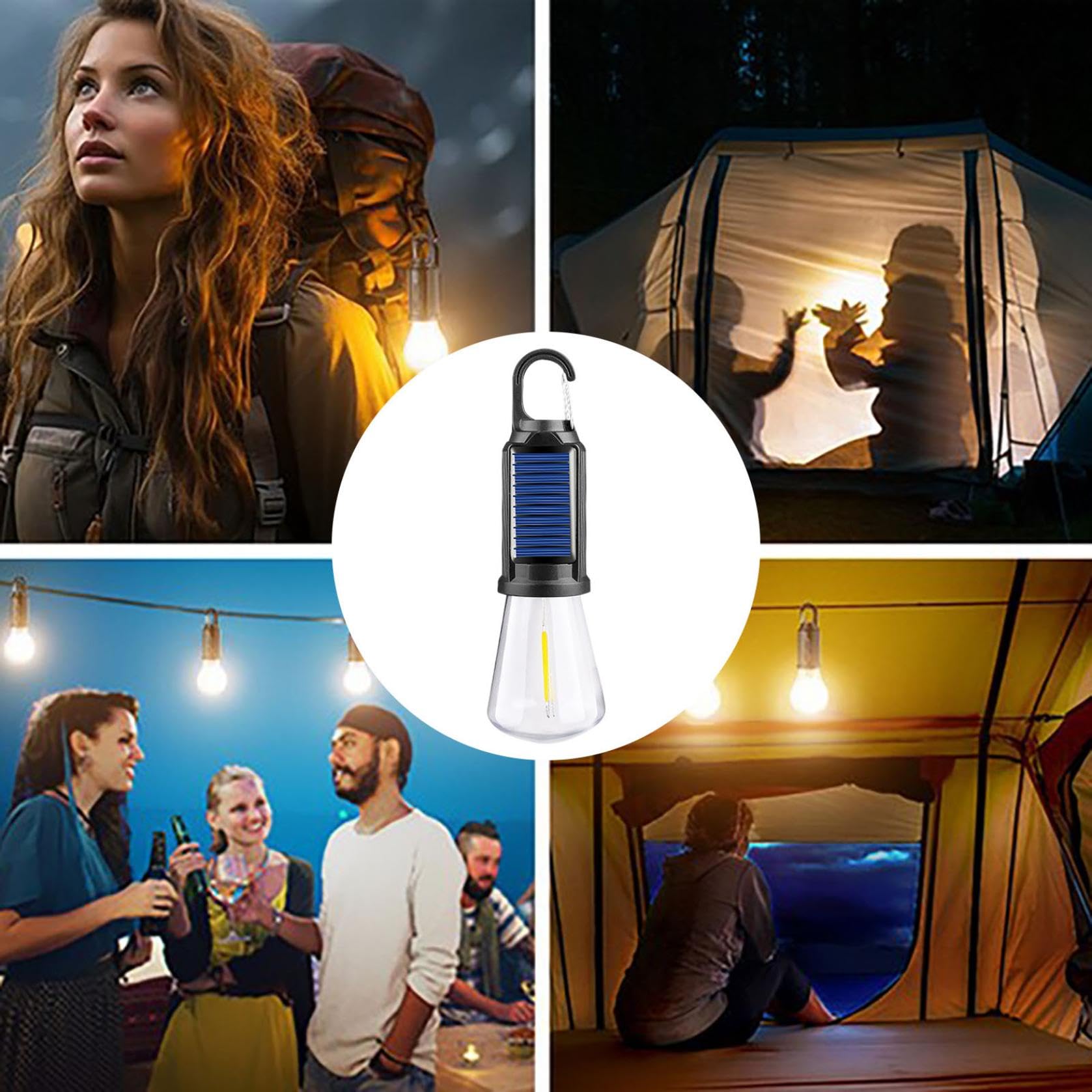 Luces solares recargables para camping, linterna de camping portátil, 3 modos de luz LED para tienda de campaña con gancho de clip, bombilla colgante impermeable al aire libre para camping, senderismo