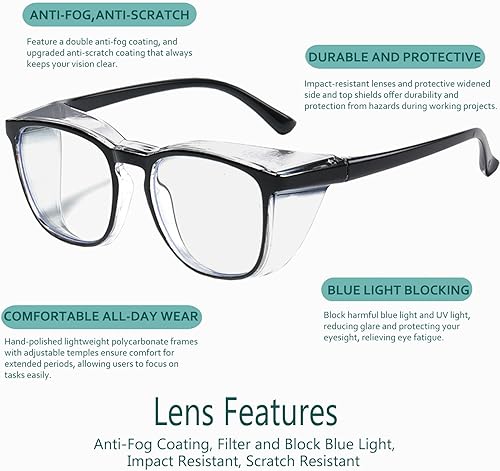 Miniatura 9 de Feaglo Lentes de seguridad, antivaho para mujeres y hombres, bloqueo de luz azul, elegantes gafas de protección para los ojos, escudo lateral
