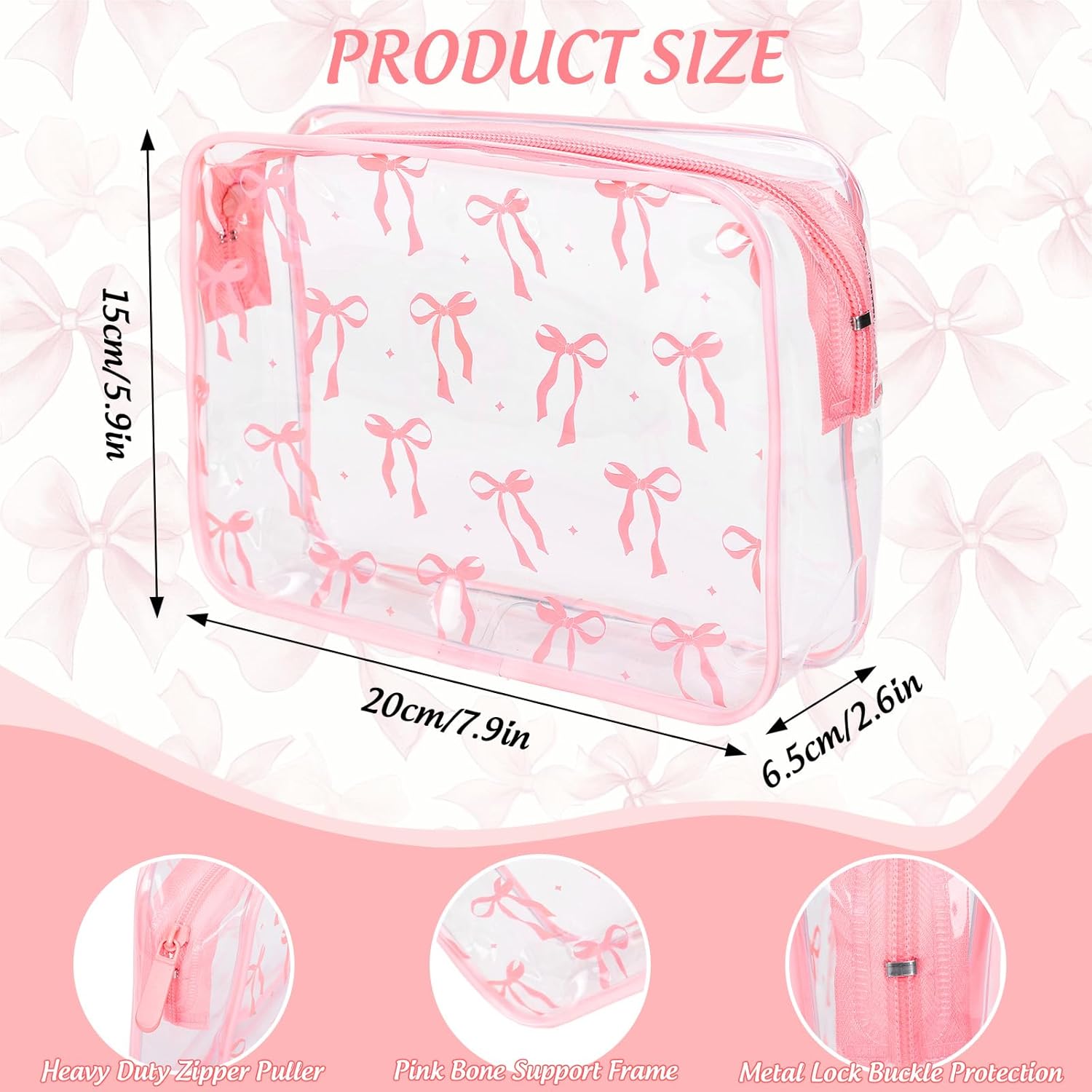 2Pcs Pink Bow Clear Makeup Bags Coquette Ribbon Bow Plastic Cosmetic Bags Waterproof Toiletry Travel Pouch for Women Girlfriend Bridesmaid Birthday Mother' s Day - Image 2