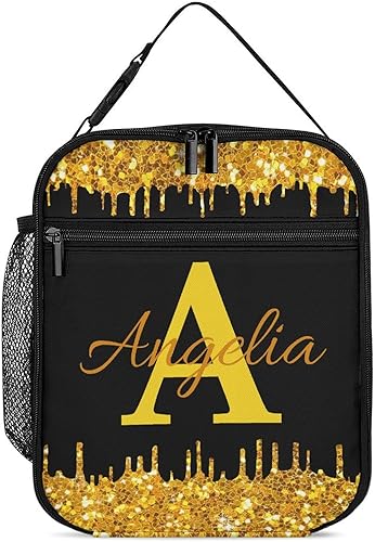 Miniatura 12 de Bolsa de almuerzo con nombre personalizado para hombres y mujeres, con monograma de purpurina azul, hielera, portátil, con nombre, para niñas, azul