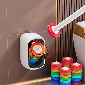 Disposable Toilet Brush with 35 Refill Pads, Auto-Open Storage Caddy, Water-Activated Cleaning Heads, Wall-Mounted Toilet Kit for Bathroom, Sink & Tub