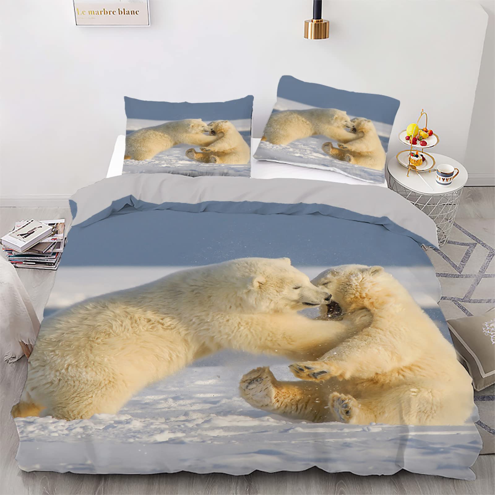 Parure de lit 220x240 cm avec 2 taies d'oreiller motif ours bleu