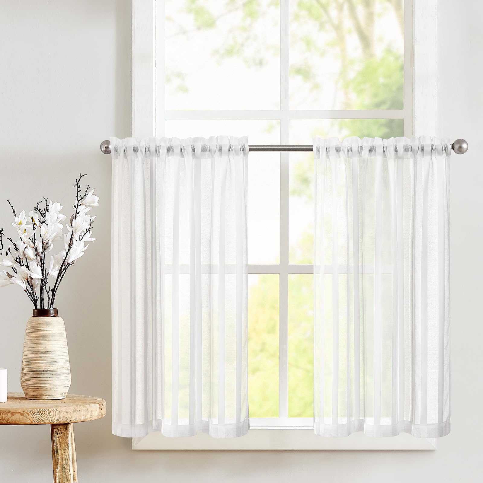TOPICK Sheer Scheibengardinen mit Tunnelzug Transparent Bistrogadine Landhaus Streifen Voile Küchenvorhang Gestreift Küchengardinen Paarig für Badezimmer