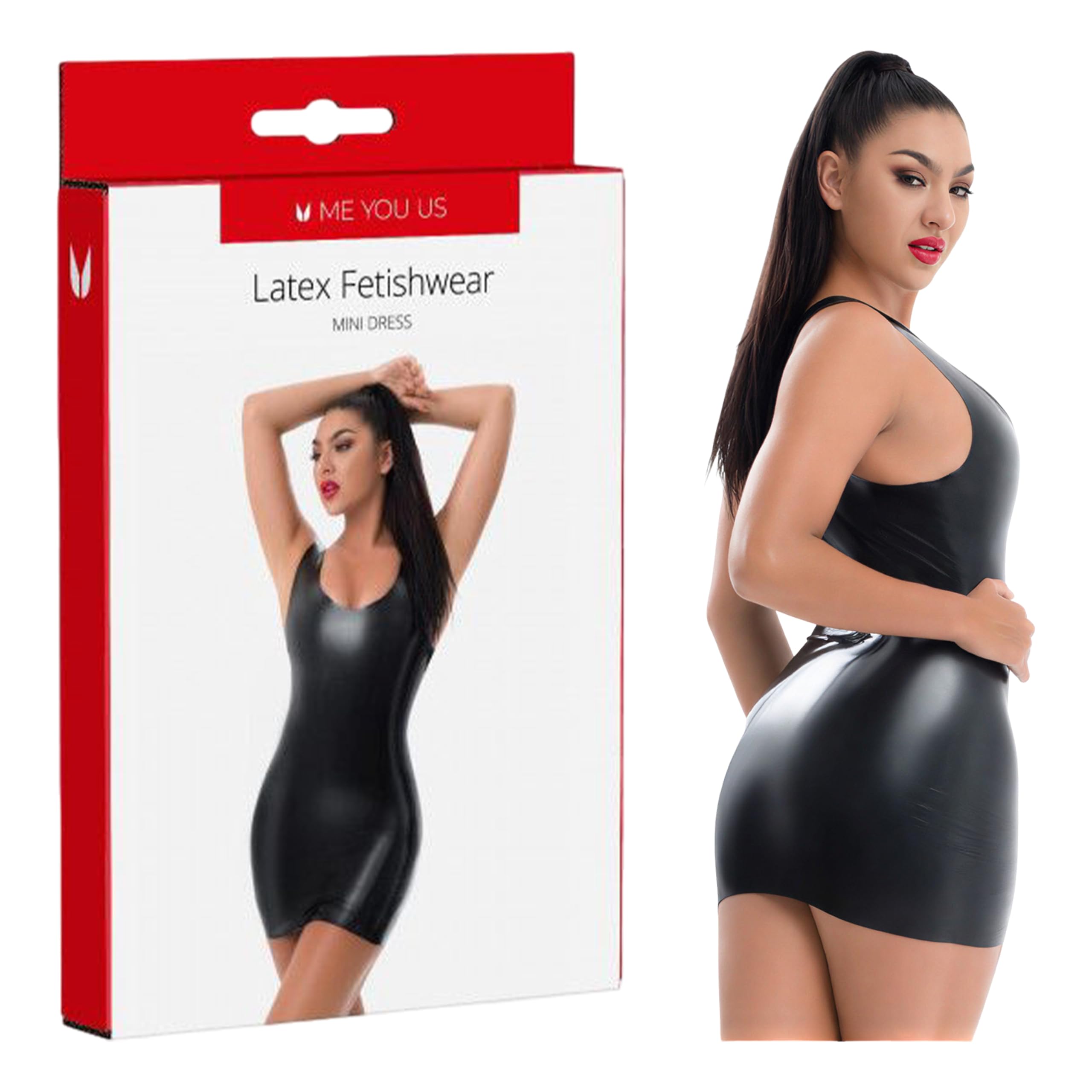Me You Us Latex Mini Dress – Black Fetish Wear | Seductive Sleeveless Scoop Neck Latex Dress, Body-Hugging Clubwear, Medium UK 10–12