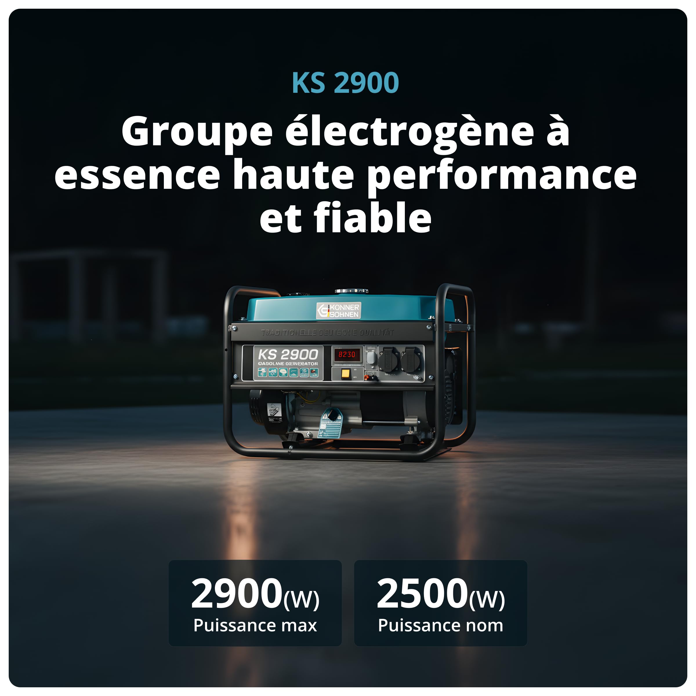 K&S Könner&Söhnen KS 2900 Générateur à essence 2900 W, 2x16A (230 V), 12 V, AVR, Groupe électrogène essence avec protection surcharge/court-circuit, indicateur huile bas, affichage LED