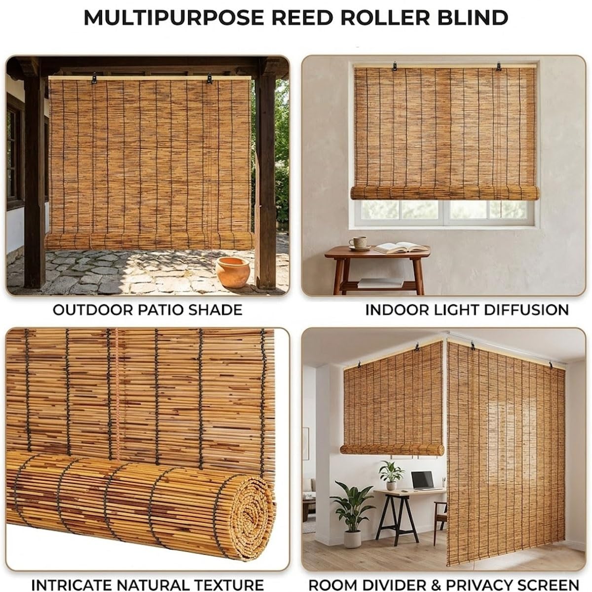 Bambusrollo außenrollo wetterfest Outdoor Bambus Rollo für Tür extra breit Fenster Sonnenschutz Sichtschutz natürlich Jalousine(85W x 240H cm)