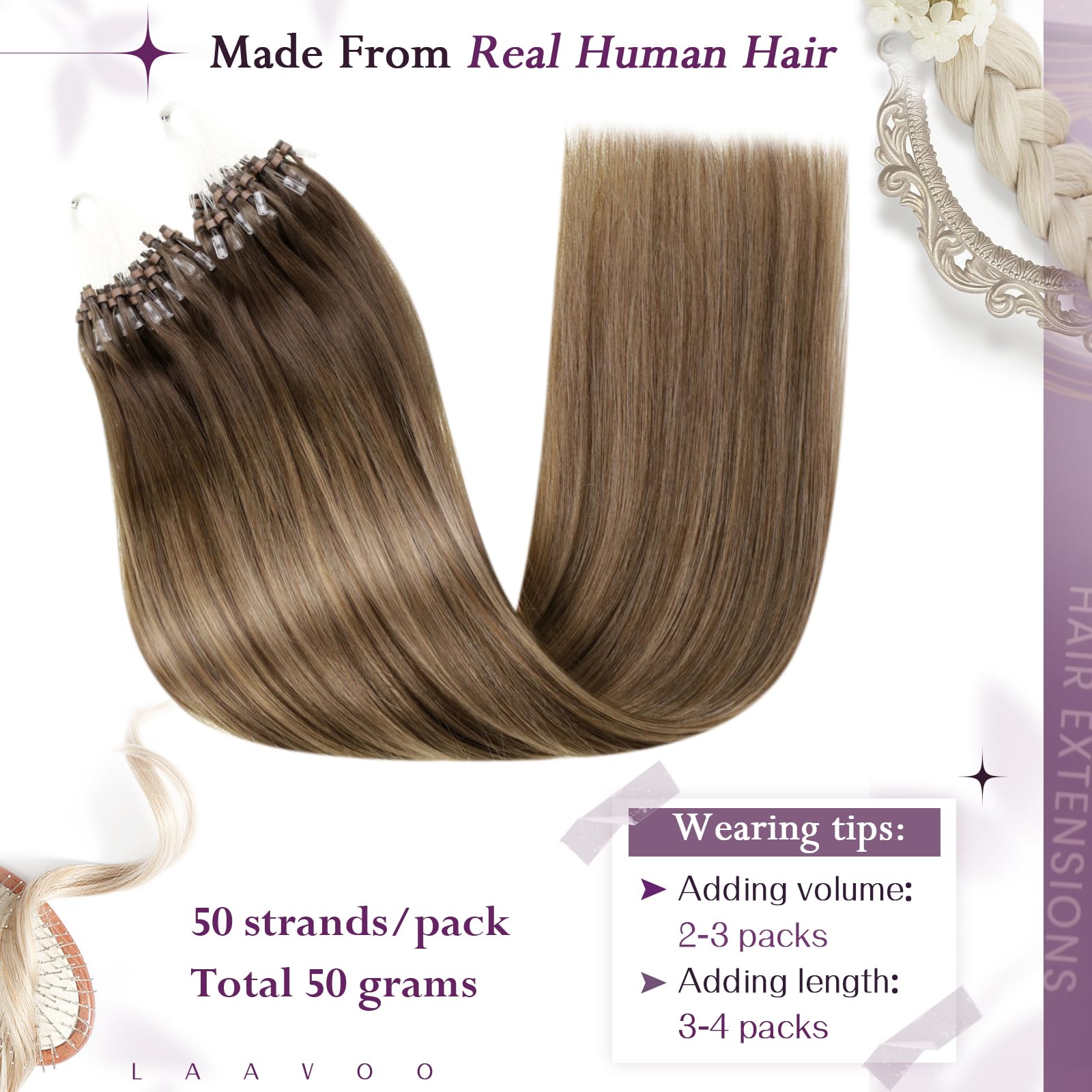 LaaVoo Human Hair Extensions Micro Ring 20 Inch Real Brown Remy Straight Balayage Light Brown & Dark Blonde Invisible Micro Beads Hair Extensions 50g 50s #8/16/8 - Image 3
