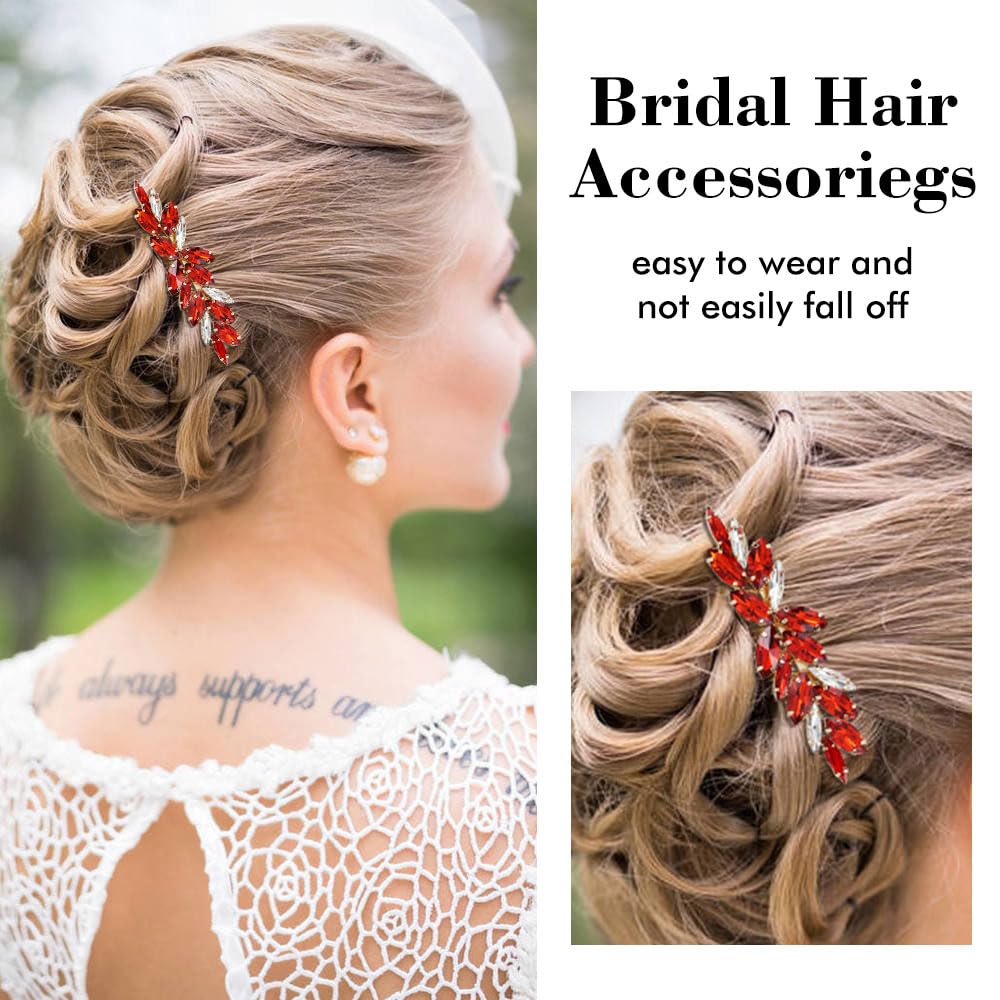 Dizila 7 Pieces Decorative Red Party Prom Wedding Bridal Rhinestone Hair Side Comb+U-shaped Hair Pins Accessories for Women Girls Brides Bridesmaids - Image 4