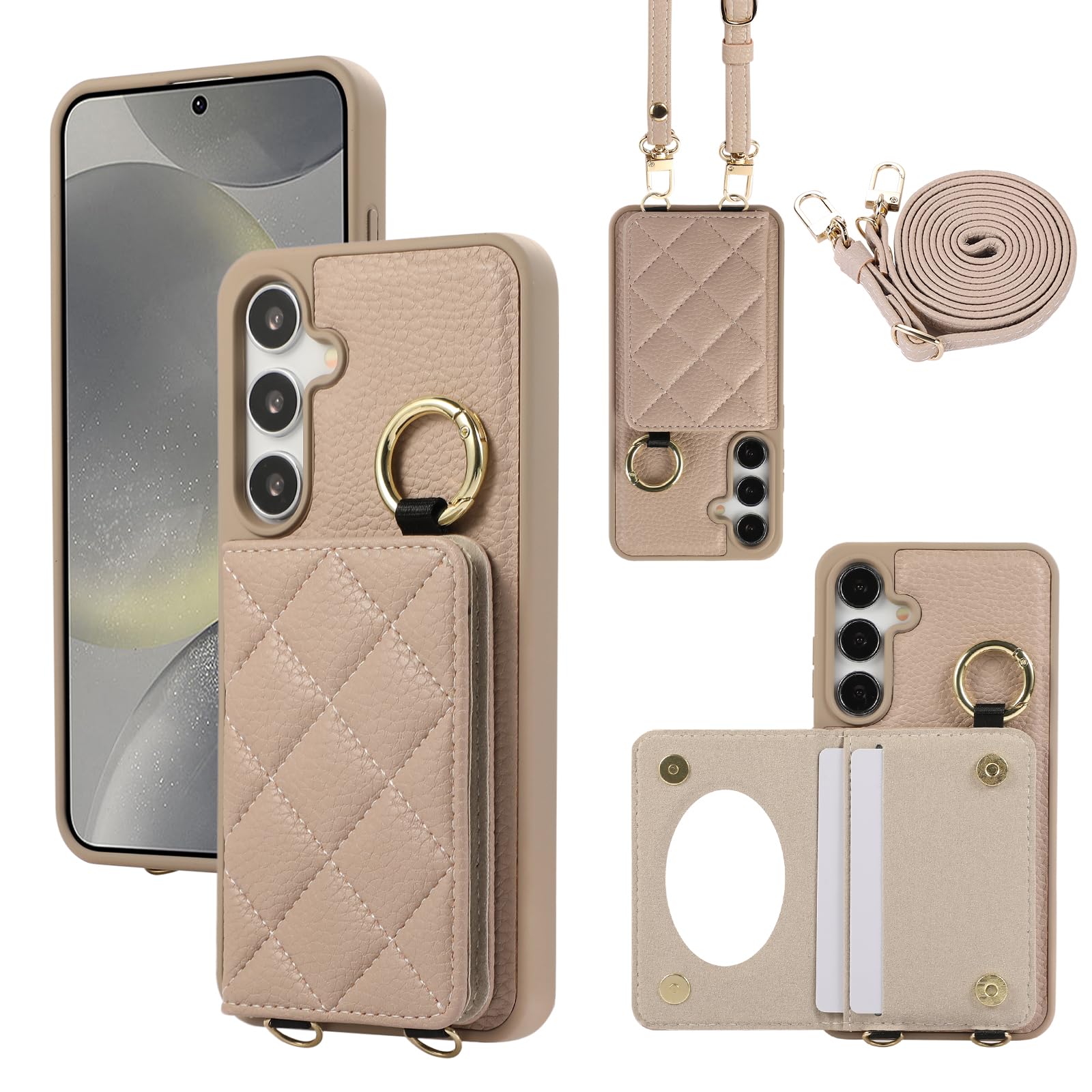 YDIJCYAN Handyhülle für Samsung Galaxy S24 / Samsung Galaxy S25 Hülle mit Band+Ring+Schminkspiegel Stoßfest Handy Schutzhülle (Khaki)