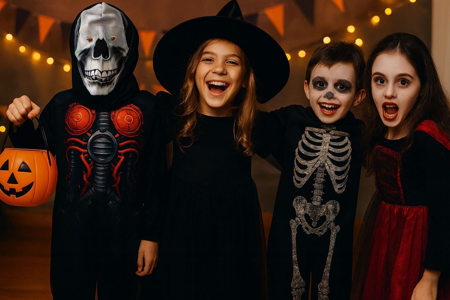 A2Z 4 Kids Cyber szkielet dla chłopców, dziewcząt, kostium na Halloween, fantazyjny kostium z maską czaszki, dla dzieci, straszny szkielet, jednoczęściowy kombinezon na imprezy typu cukierek albo