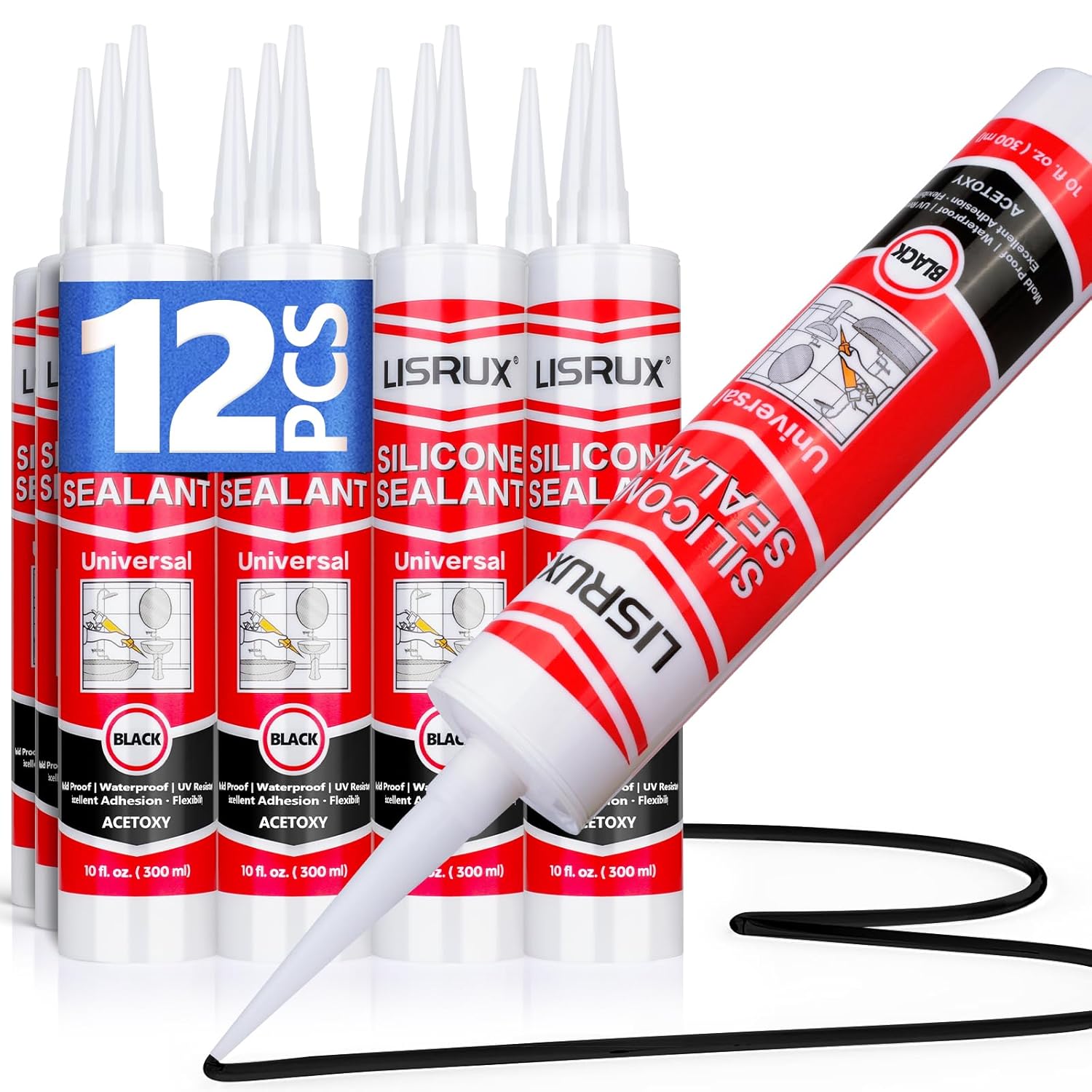 Black Advanced Silicone Caulk for Kitchen & Bathroom,10 fl oz Cartridge,12 Pack, Cartridge,100% Waterproof RTV Silicone Sealant,Stronger Adhesion,Shrink & Crack Proof