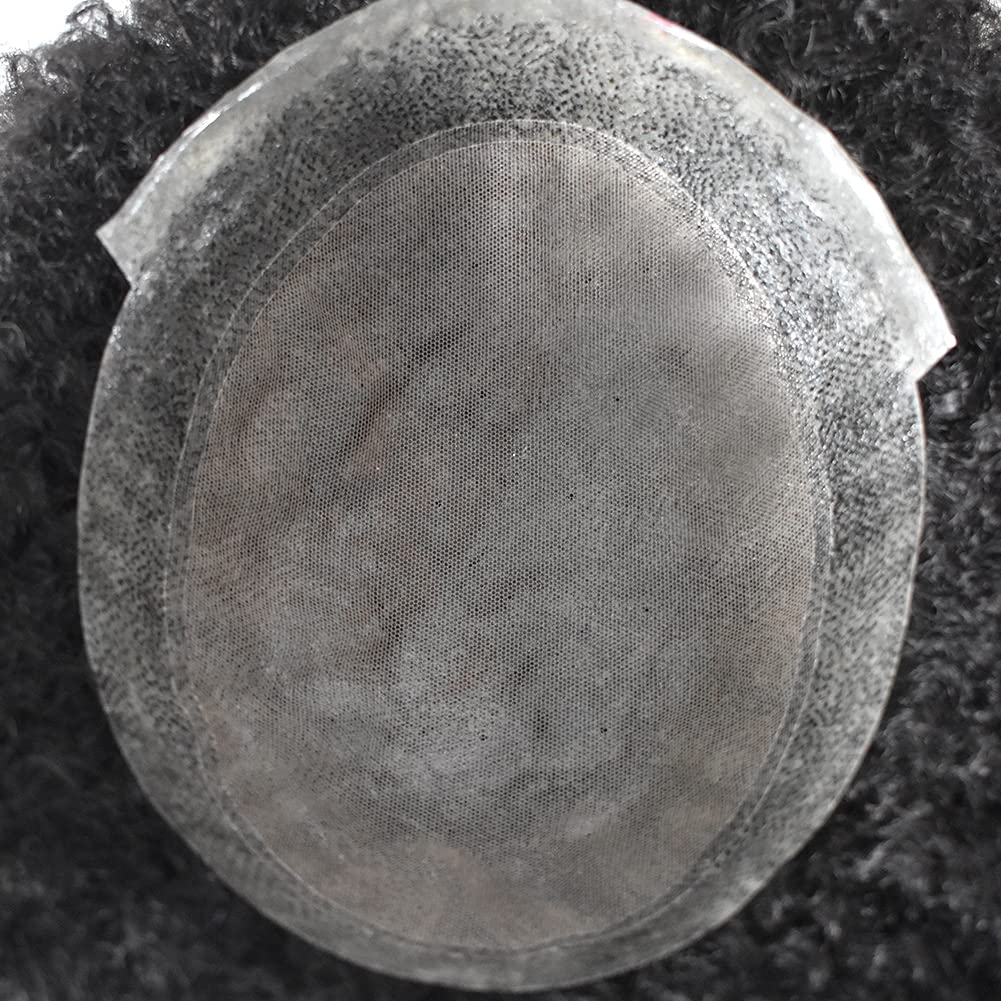LYRICAL HAIR Afro Kinky Curly Toupee for Black Men 8X10 Full Poly PU with Breathable Lace Center Mens Toupee African American Human Hairpiece All Injected PU Hair System Replacement Super Durable Skin Wigs (8MM Afro Wave, 1B# Natural Black/Off Black)