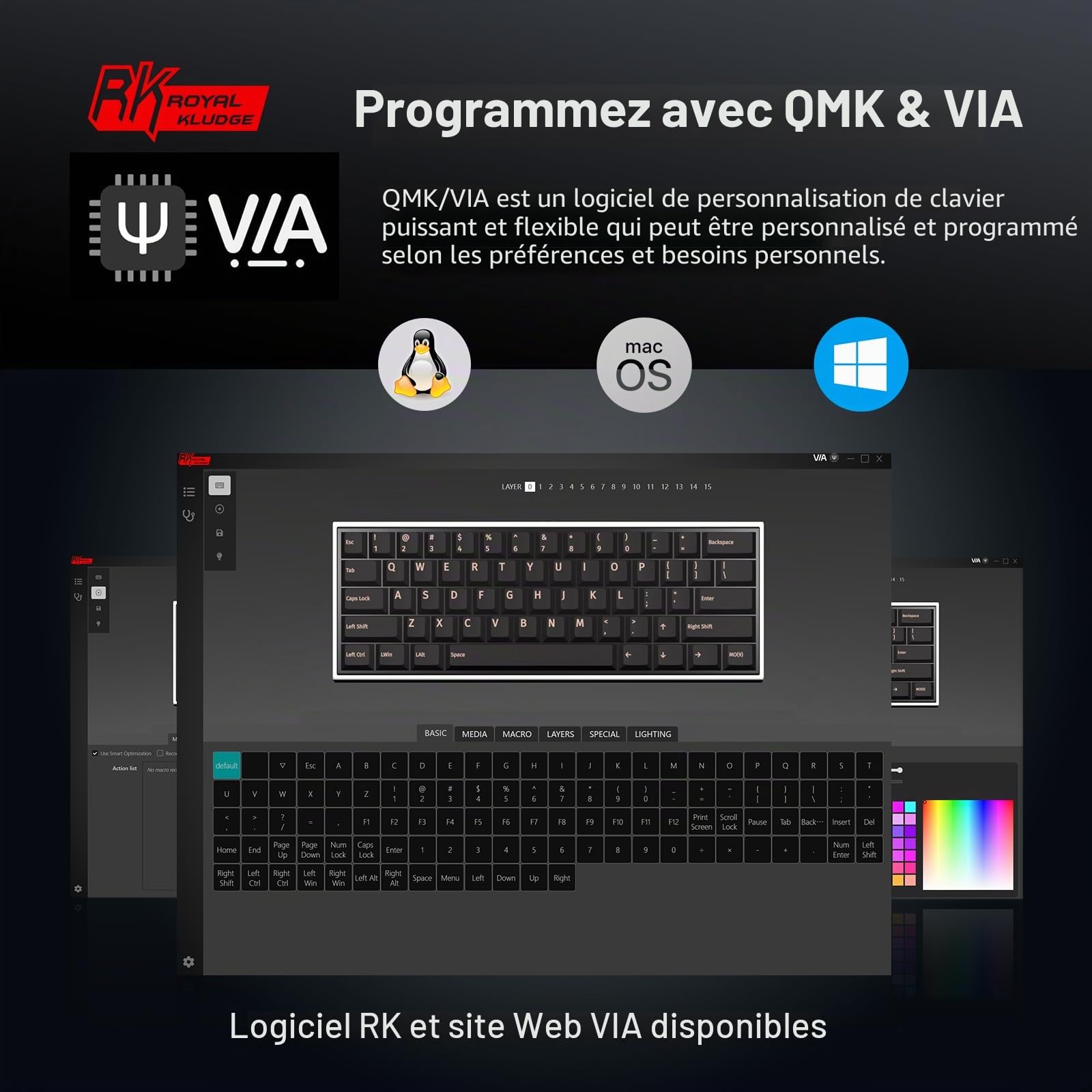 RK ROYAL KLUDGE RK61 Clavier de jeu filaire 60 % mécanique programmable QMK/VIA RVB rétroéclairé 61 touches Ultra-compact Hot Swap Marron Interrupteur blanc