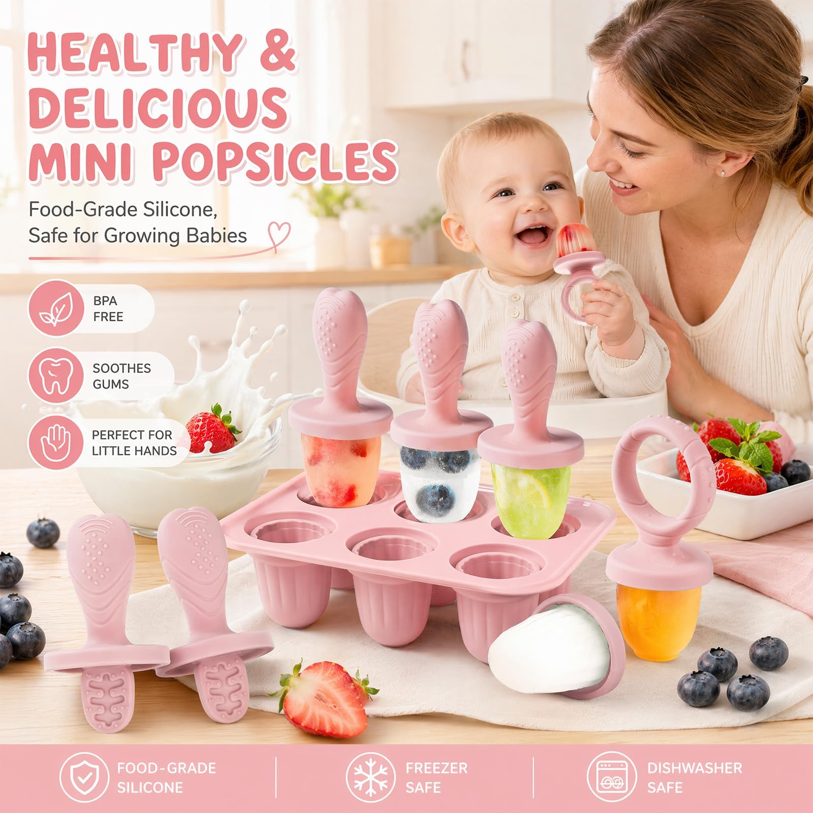 Molde Helado Bebe, 6x 17ml Moldes Helados Silicona Libre De BPA, Moldes Helados Con Palos Dentición, Ideal Para Bebe Manos Pequeñas (Rosa)