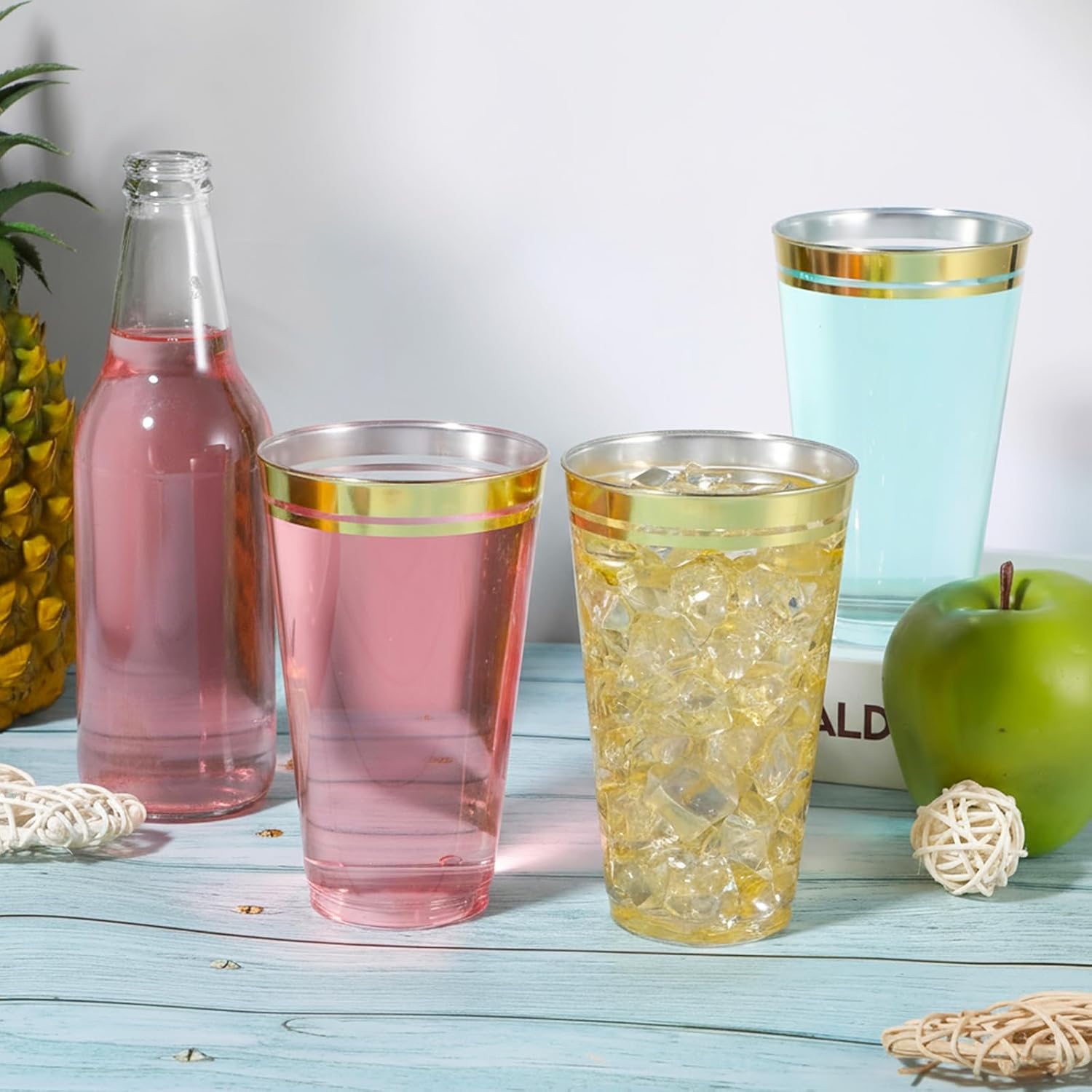 50 Pack 16 Oz Gold Rim Clear Plastic Cups Heavy Duty Disposable Wine Glasses Party Cups for Wedding Christmas Thanksgiving Birthday Party
