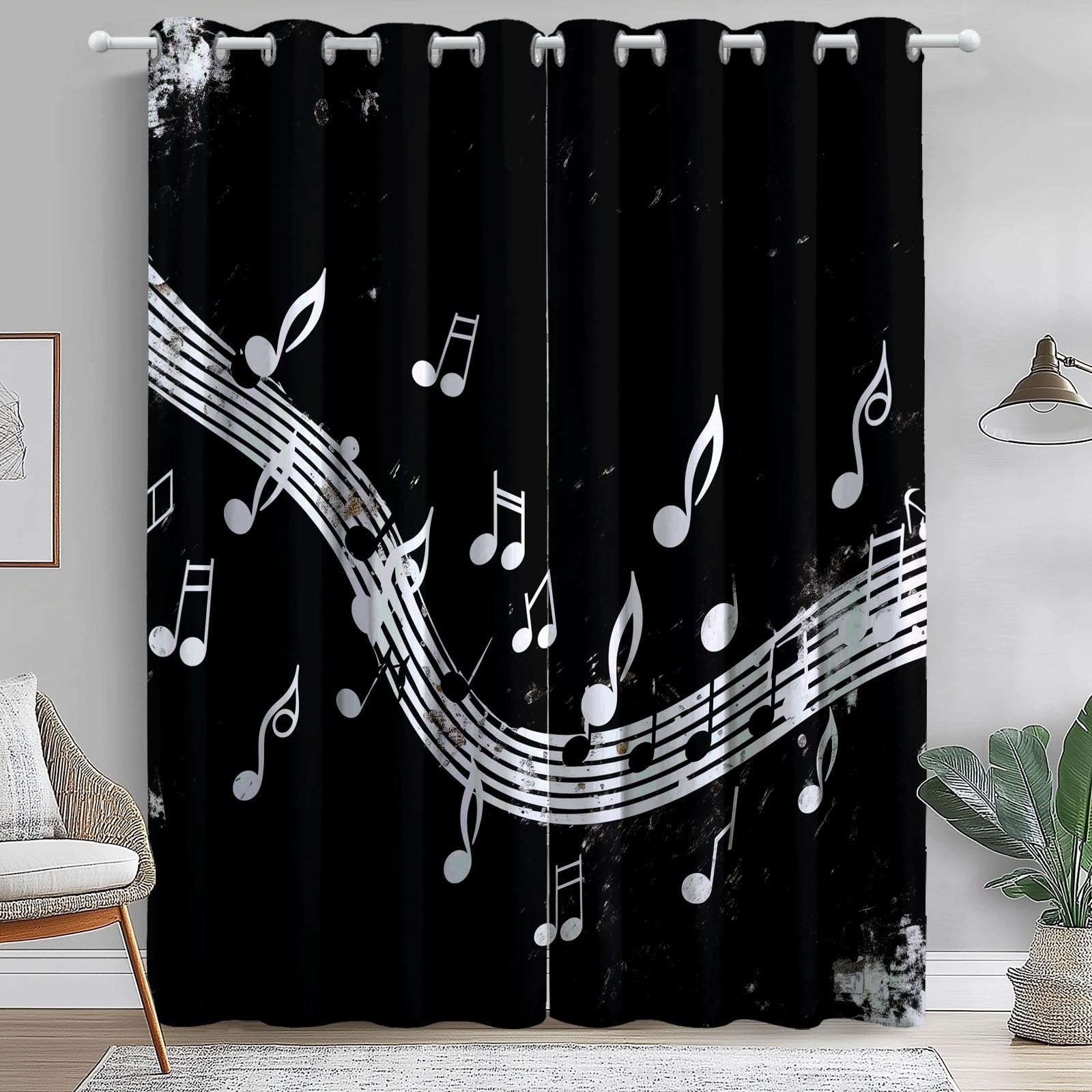 Rideaux Longs 140L X 260H cm (2 Panneaux), Notes De Musique Simples Imprimé, Tissu Occultant Épais pour Grand Salon et Loft, Noir