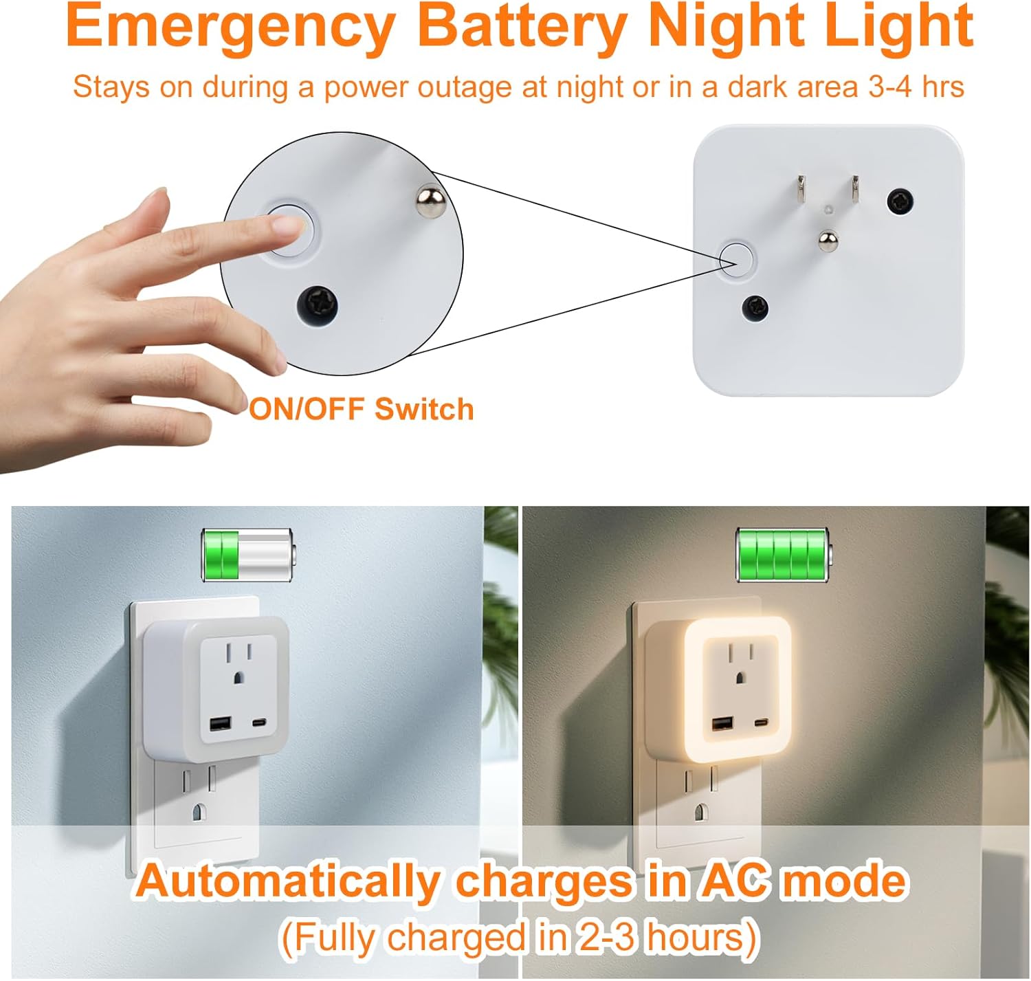 Night Lights Plug Into Wall 2 Pack Rechargeable Battery Backup Light Dusk to Dawn Sensor Night Light with Outlet Expander for Adults Kids Bedroom, Kitchen, and Bathroom (2, warm white, 3000K-D)