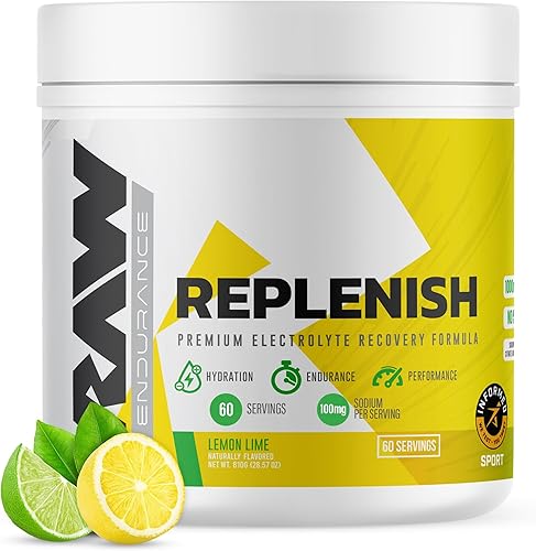 RAW Replenish, fórmula de recuperación de electrolitos en polvo de primera calidad, lima limón (60 porciones)  Suplemento de mezcla de bebida con