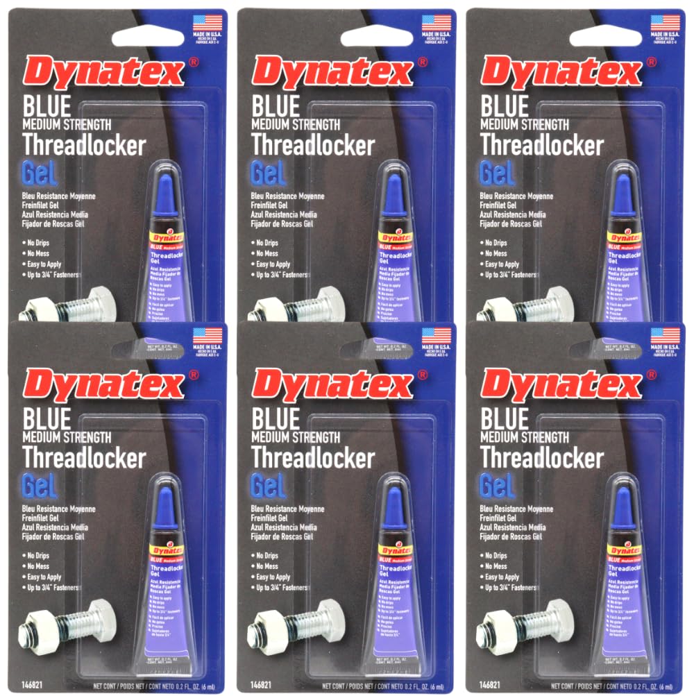 Dynatex Blue Medium Strength Gel Threadlocker 0.20 oz Bottle - Removable with Hand Tools, Locks Fasteners on Metal, Vibration Resistant, Solvent Resistant (6-Pack)