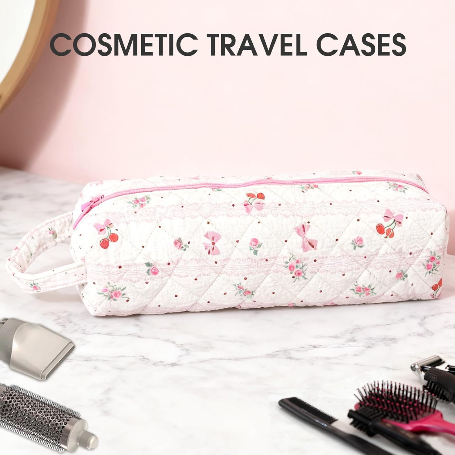 Hair Tools Organizer Bag with Cherry Pattern for Curling Irons, Flat Irons, Hair Dryers and Styling Tools, Portable Pink Travel Case, Haircare Accessories Travel Essentials(14" x 3.1" x 4.9") - Image 7