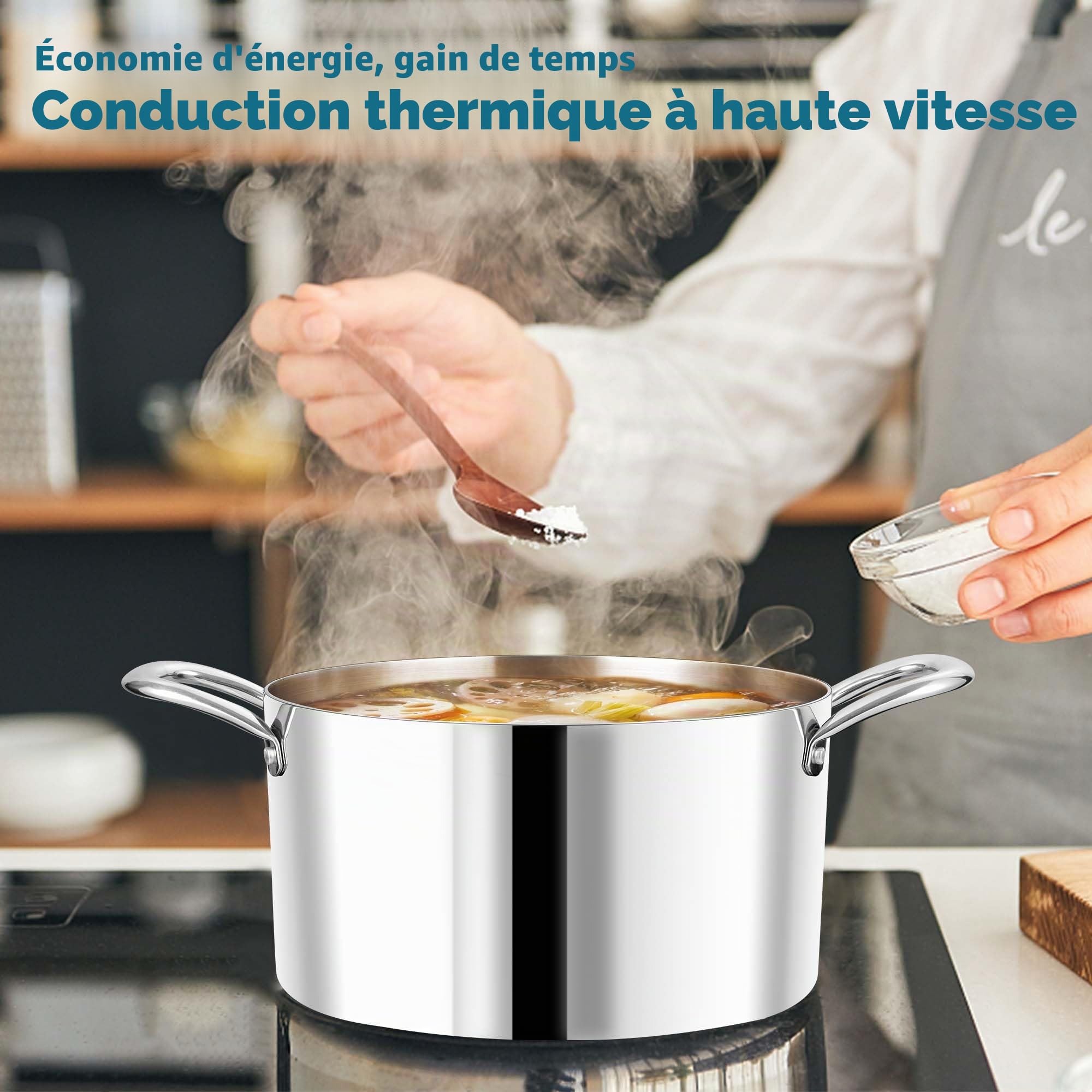 Joyfair Faitout 22 cm acier inoxydable 3 couches, casserole induction 5 l, convient tous feux, passe lave-vaisselle