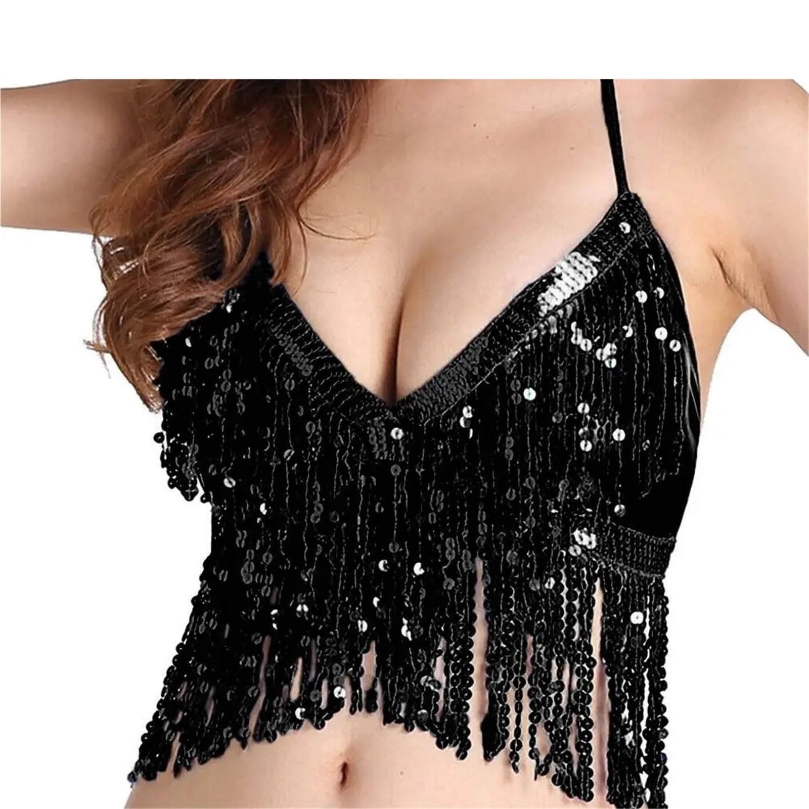 SHENJMAI Sparkly Bra Sequined Belly Dance Sequin Fringe Top Performance Halter Bra Dance Wear Show Costumes Halter Bra Performance Top Latin Belly Dance Bra Top(Black)