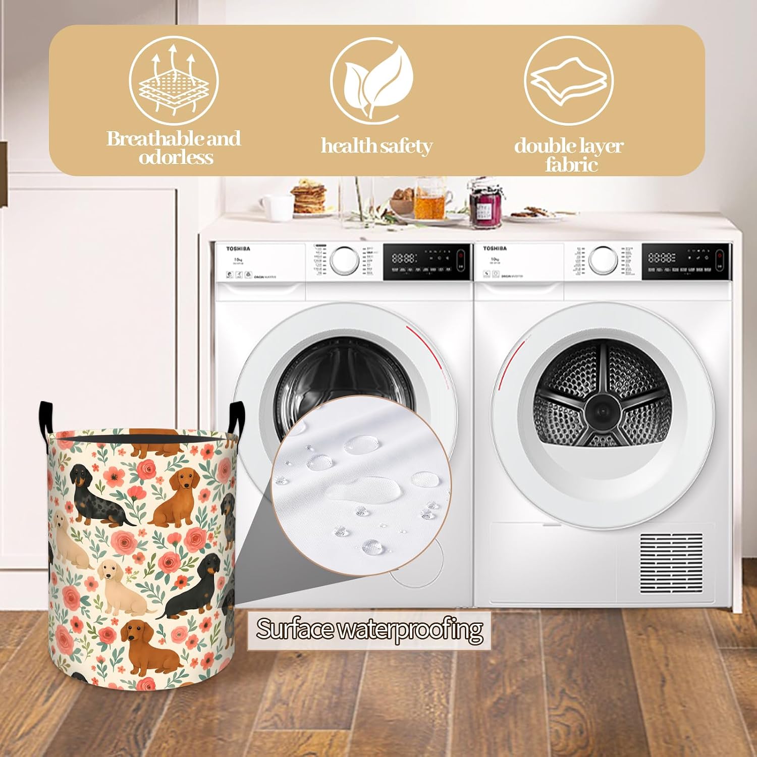 Charming Dachshund Laundry Basket, Watercolor Floral Foldable Waterproof Dirty Clothes Hamper 19.7"x15.7", Cute Dog Oxford Cloth Storage Organizer for Bedroom Dorm Bathroom Decor Gifts