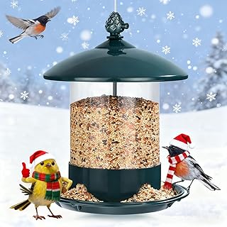 Metal Bird Feeders for Outdoors Hanging, Weather Resistant Wild Bird Feeder with 360 Degree Feeding Tray, Green
