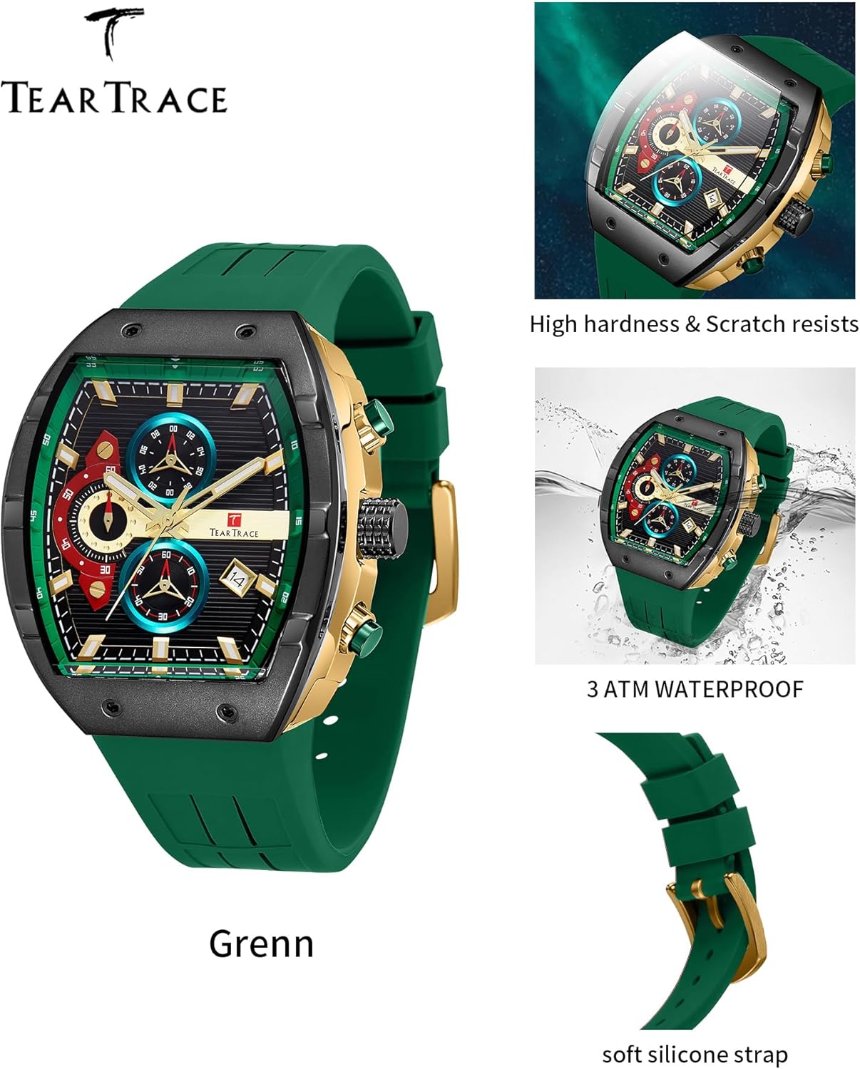 Watches for Men Analog Quartz Waterproof Sport Men’s Watch Tonneau Chronograph Luminous Fashionable Unique Casual Watch with Silicone Strap - Image 7