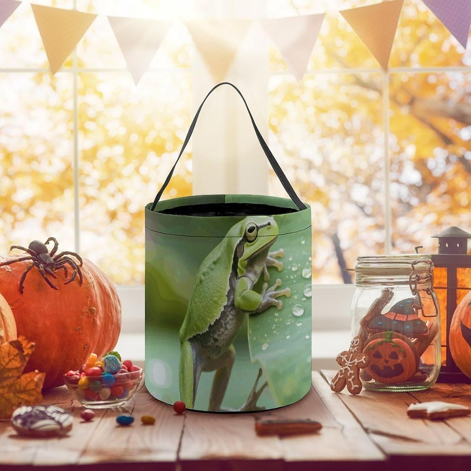 NLLZZ Reusable Funny Green Frogs Halloween Candy Basket with Handle image 5