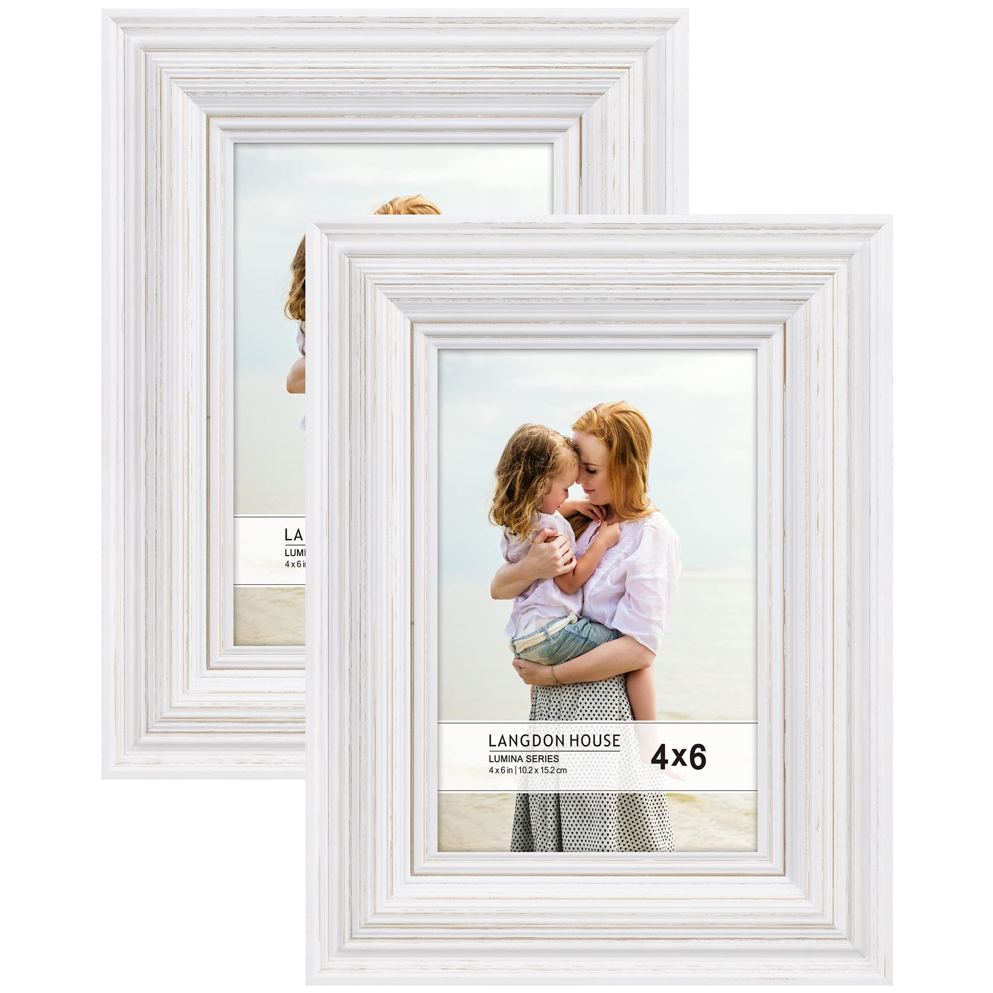 Langdon House 4x6 Real Wood Picture Frames (Weathered White - Gold Accents, 2 Pack), French Country Style Wooden Photo Frame 4 x 6, Lumina Collection