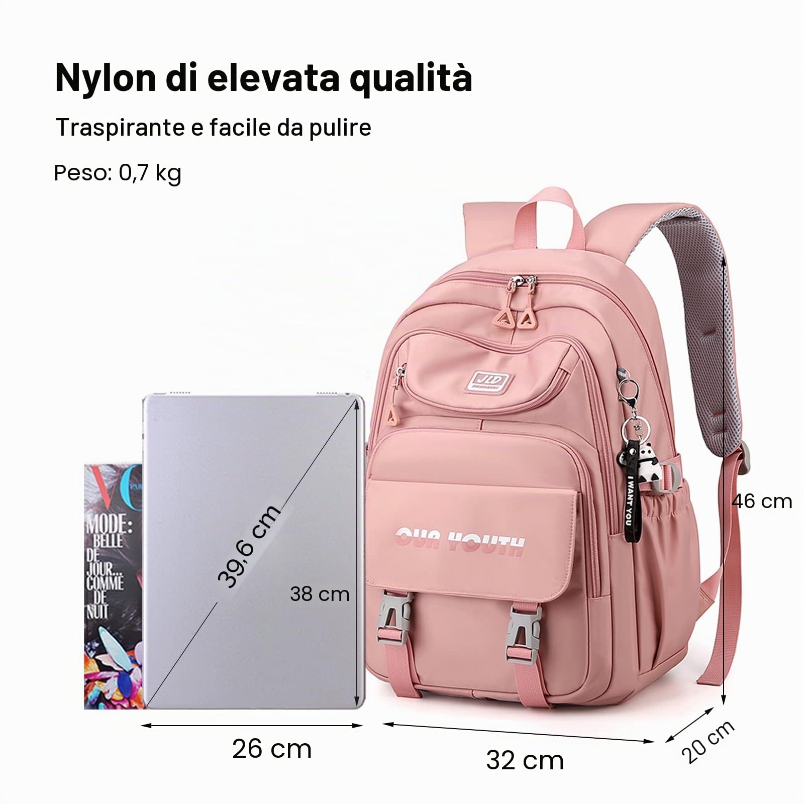 FANDARE Zainetti Cartelle per la scuola Zaino Scuola Elementare Zaino Casual Ragazze Ragazzi Zainetto per Adolescenti Studenti Scuole primarie medie inferiori Università Viaggiare Daypacks Rosa