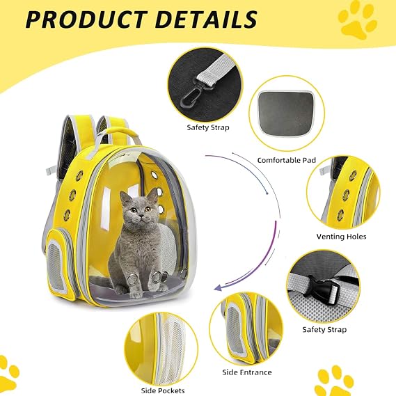 Cat Carrier Backpack, Expandable Cat Carrier Backpack, Ventilated Cat Bubble Backpack for Pet, Pet Carrier for Travel Hiking Walking Camping (Yellow, Rear Extension)