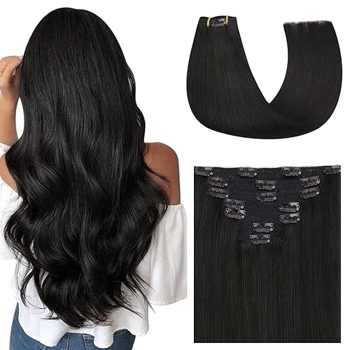 Extensiones de cabello humano real con clip, extensiones de cabello humano real, color negro natural, extensiones de cabello humano con clip, 7