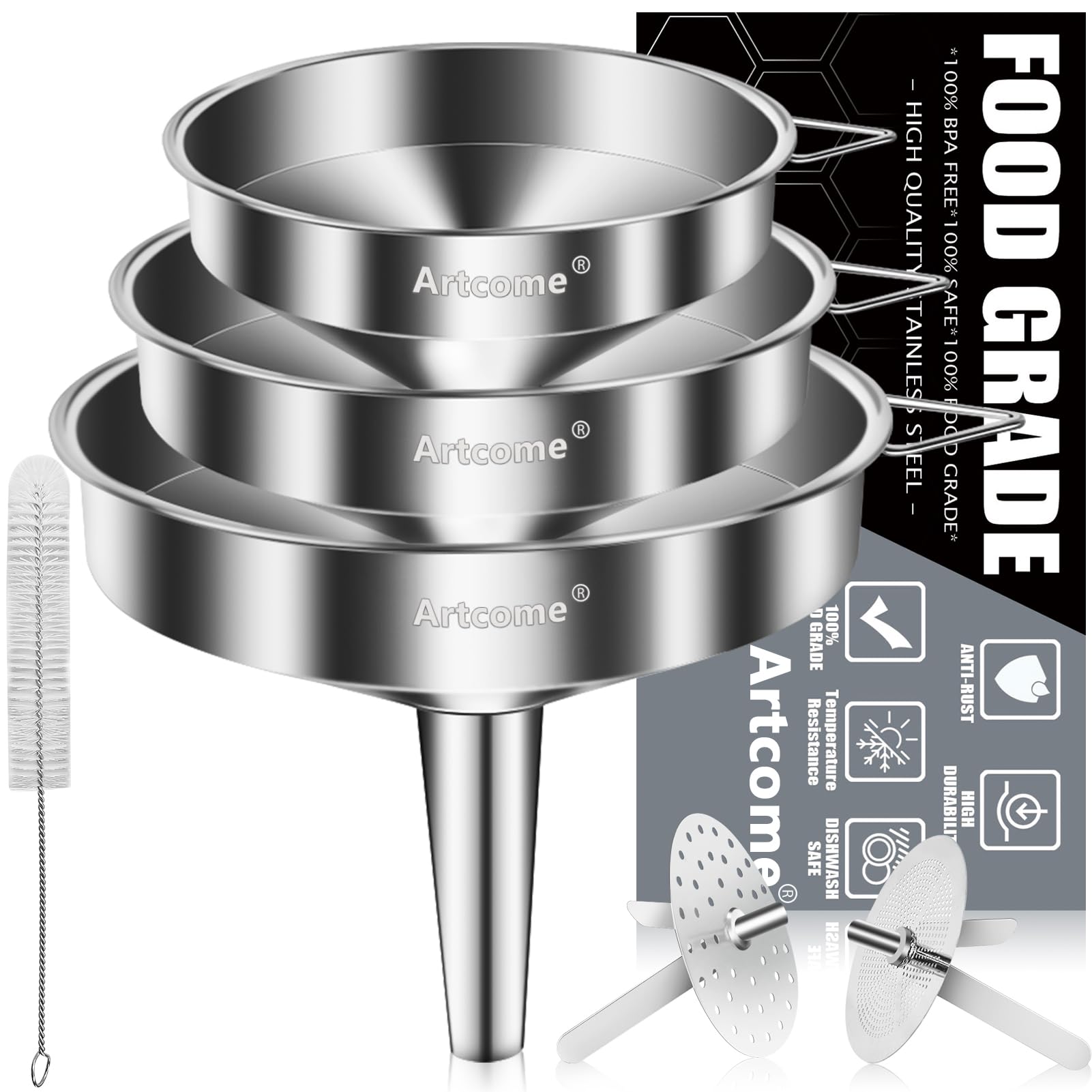 Artcome 3 Pcs Stainless Steel Kitchen Funnel Set, Food Grade 3-in-1 Metal Funnel, Ideal for Transferring of Liquid, Sauce, Jam, Particles & Powder - Dispensing Funnels with Strainers - Dish-Wash Safe