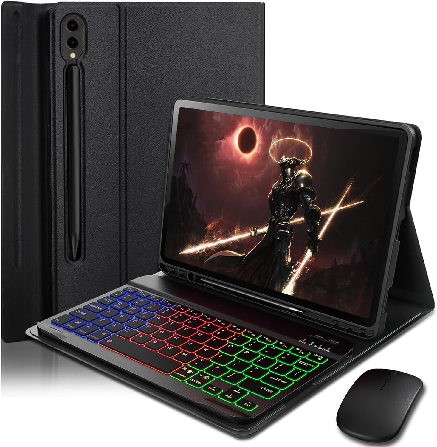Case Keyboard for Samsung Galaxy Tab S10+ Plus / S9 FE+ Plus / S9+ Plus / S8+ Plus / S7 FE / S7+ Plus 12.4 inch - 7 Color Rainbow Backlit Magnetic Keyboard with S Pen Holder with Mouse - Black