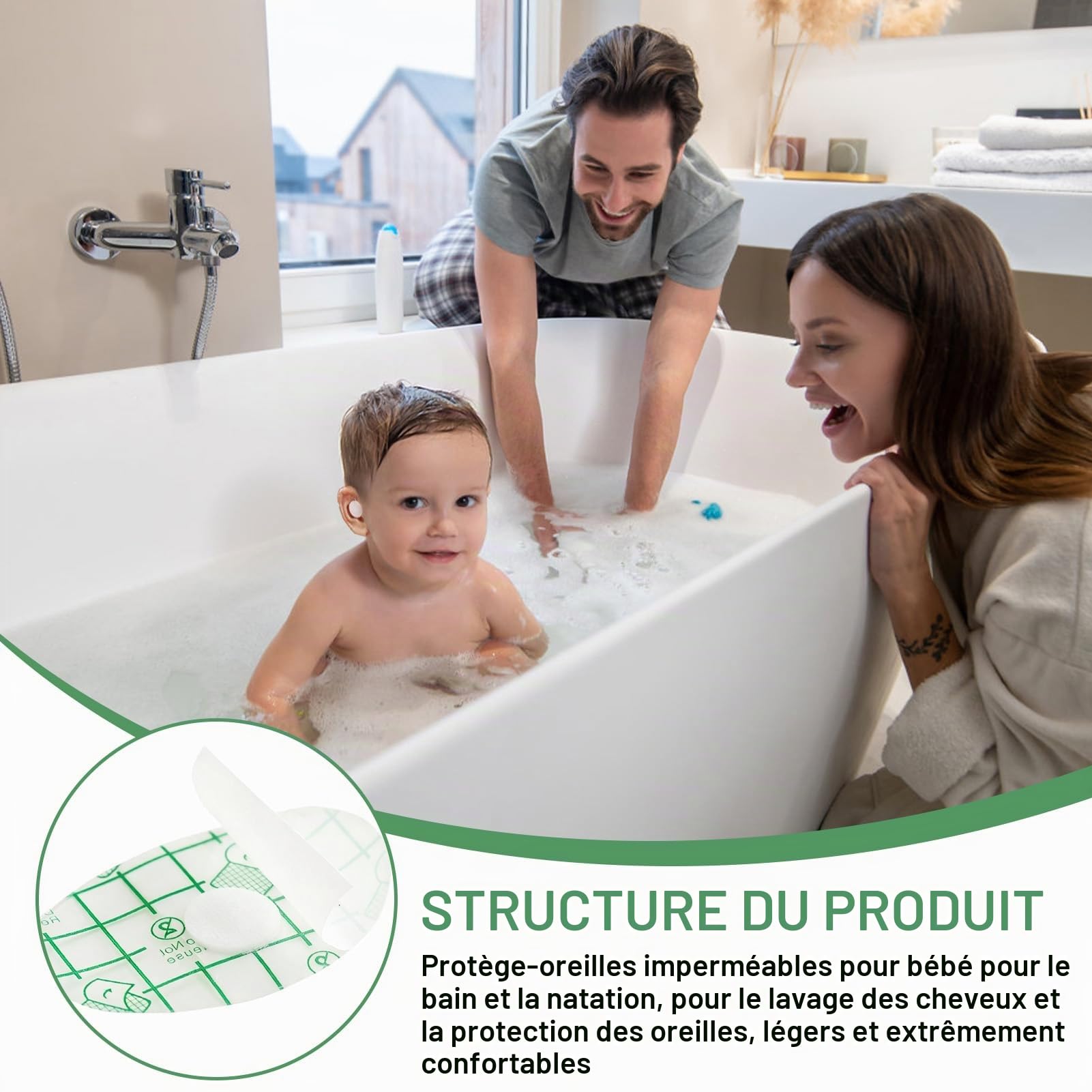 Cache Oreille Piscine Enfant - Patch Oreille Étanche pour Douche et Bain | 60 Pièces Autocollant de Protection Souple et Respirant avec Tampon de Coton Central pour La Natation la Douche Surf