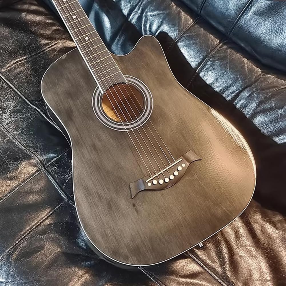 Zestaw do gitary akustycznej ze strunami stalowymi, Całkowicie drewniana, błyszcząca gitara akustyczna, z zestawem akcesoriów premium i pokrowcem,Gray,38in