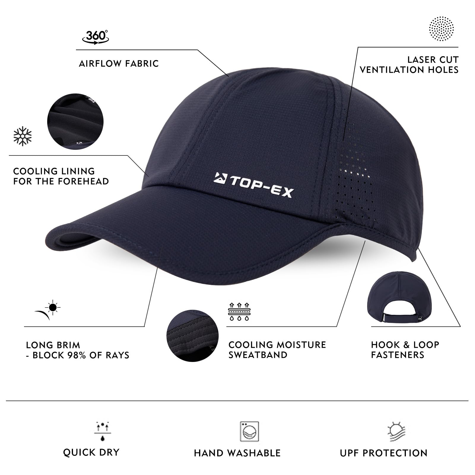 TOP-EX UVCoolix™ - Gorra de béisbol para hombre con protección solar UPF 50+, secado rápido, para golf, correr, deportes al aire libre