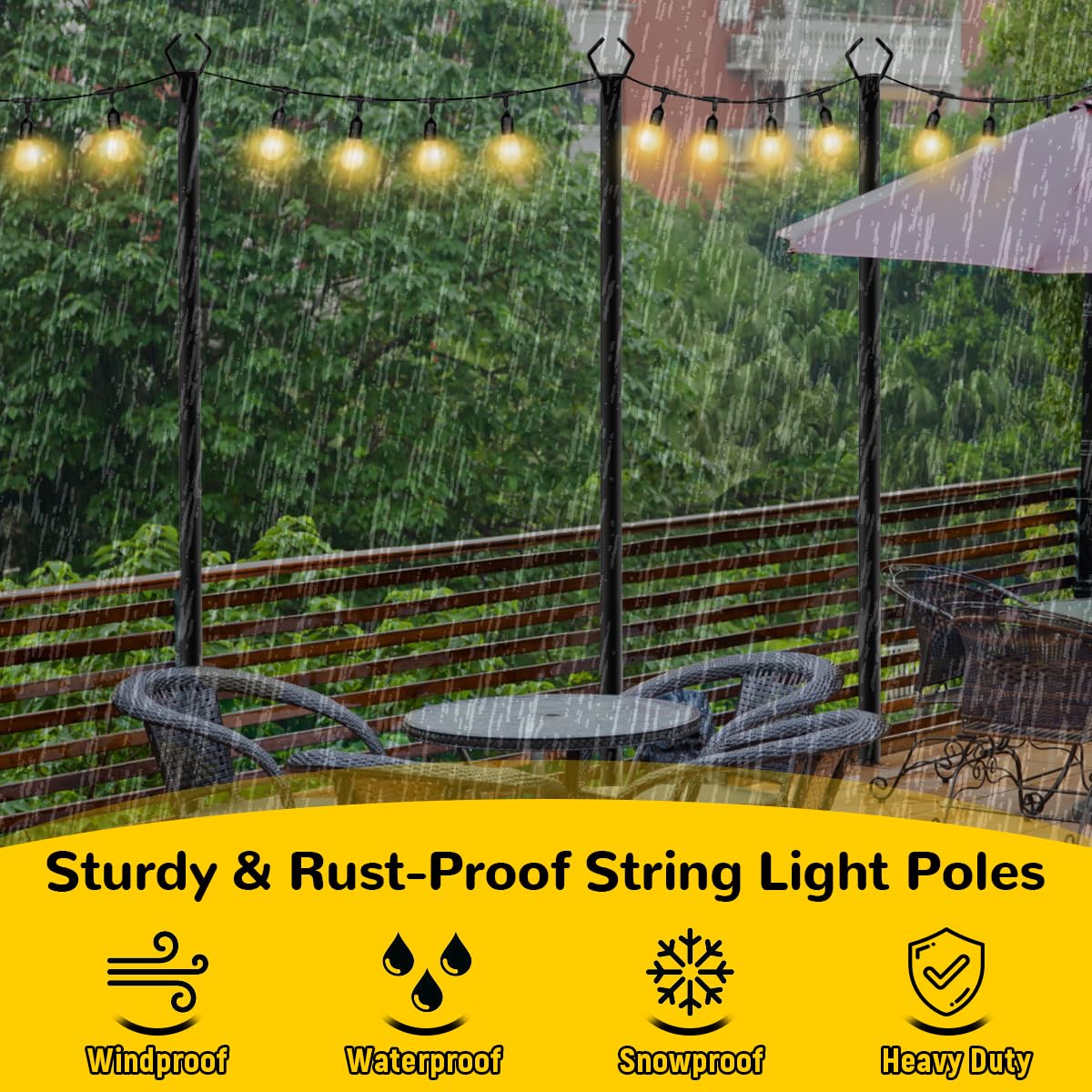 Paquete de 4 postes de luces para exteriores, 9.7 pies, soporte de poste de luz para exteriores con tenedor, postes de metal resistentes para cadena al aire libre, postes de luz resistentes a la